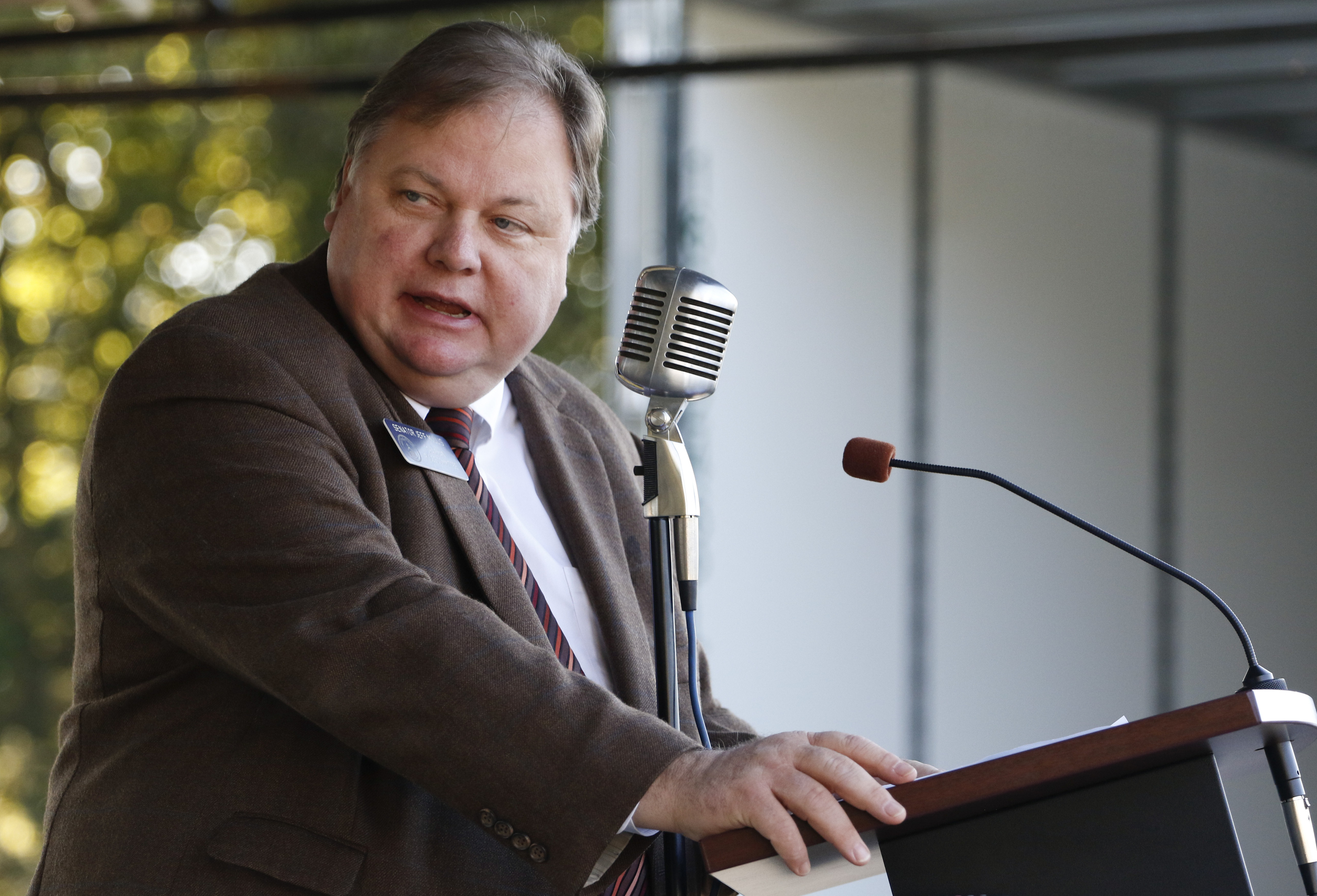 Staff Photo by Dan Henry / The Chattanooga Times Free Press- 10/15/15. Senator Jeff Mullis speaks on Thursday, October 15, 2015 to officials and guests who gathered on the new Vanguard site in Trenton for an announcement that the Semi-trailer manufacturing plant is bringing 400 jobs to Dade County.