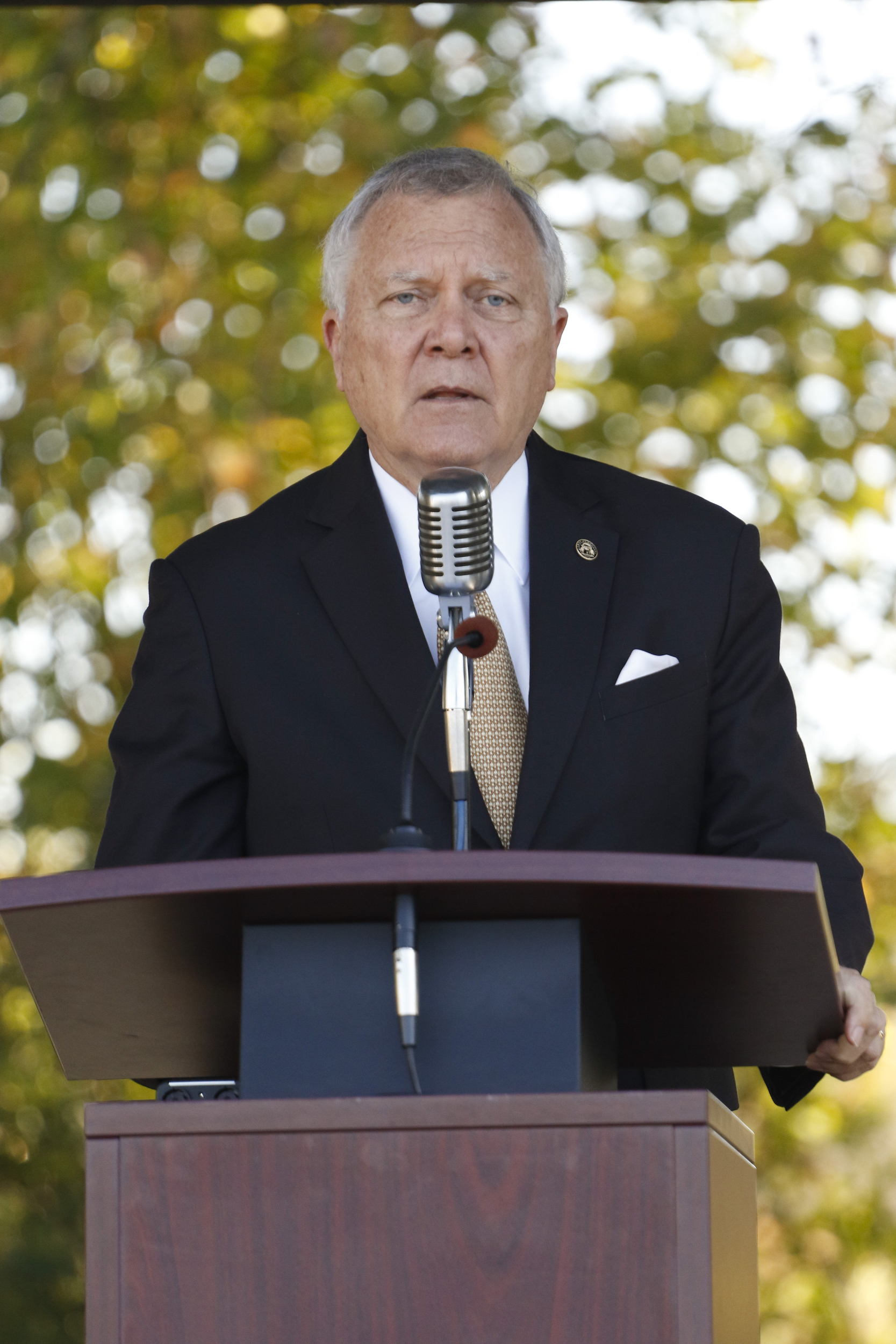 Staff Photo by Dan Henry / The Chattanooga Times Free Press- 10/15/15. Georgia Governor Nathan Deal speaks on Thursday, October 15, 2015 to officials and guests who gathered on the new Vanguard site in Trenton for an announcement that the Semi-trailer manufacturing plant is bringing 400 jobs to Dade County.