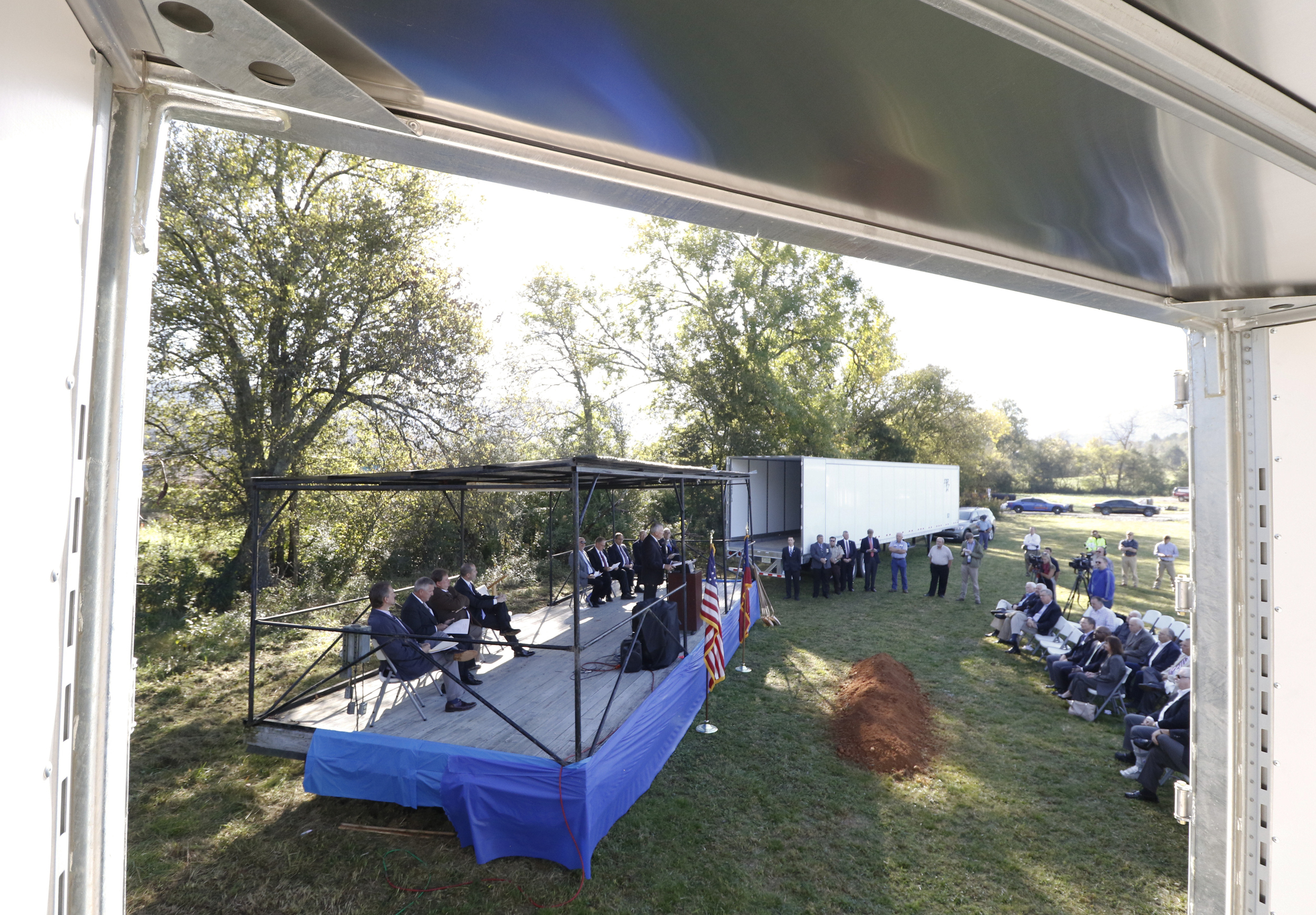 Staff Photo by Dan Henry / The Chattanooga Times Free Press- 10/15/15. Georgia Governor Nathan Deal speaks on Thursday, October 15, 2015 to officials and guests who gathered on the new Vanguard site in Trenton for an announcement that the Semi-trailer manufacturing plant is bringing 400 jobs to Dade County.