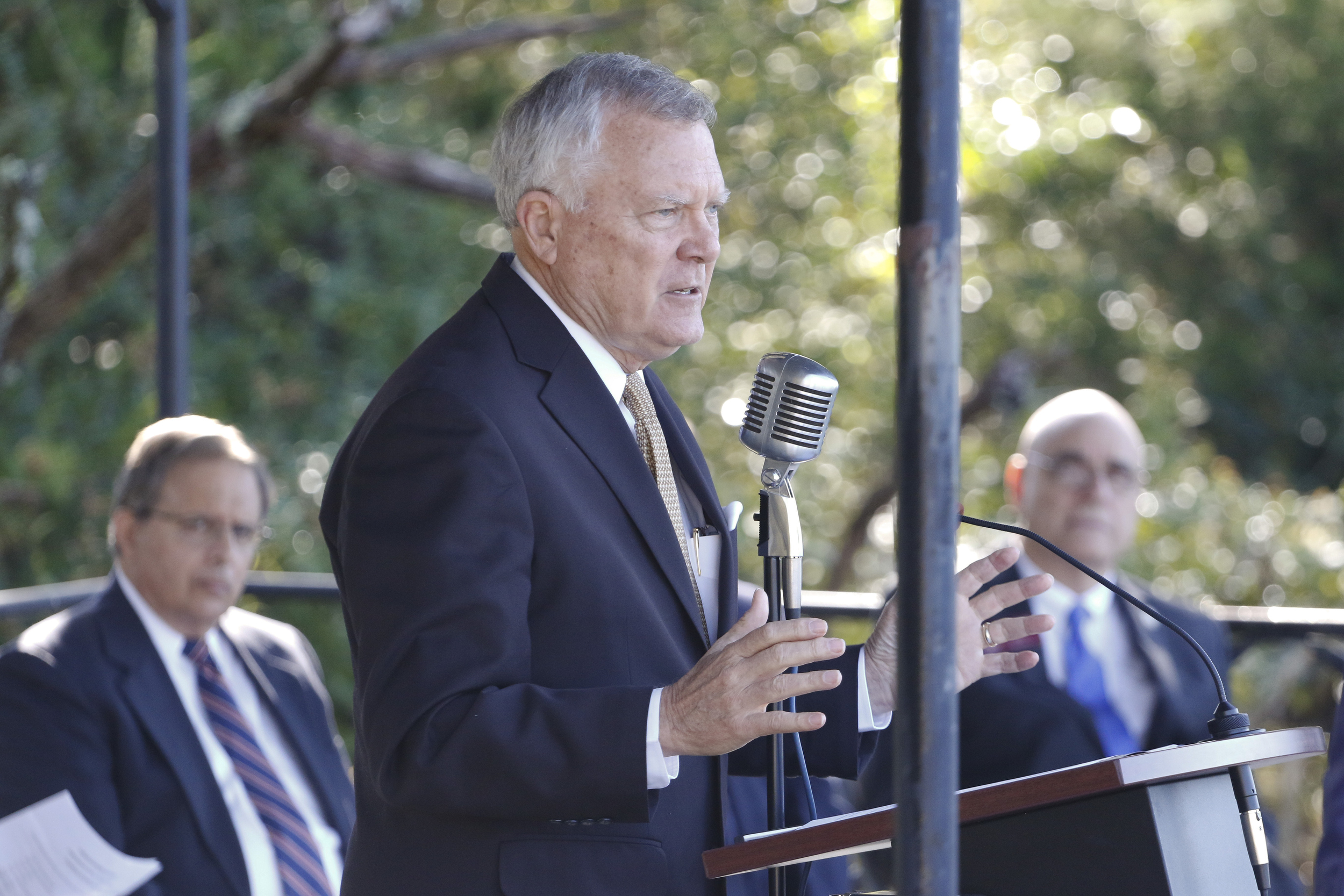 Staff Photo by Dan Henry / The Chattanooga Times Free Press- 10/15/15. Georgia Governor Nathan Deal speaks on Thursday, October 15, 2015 to officials and guests who gathered on the new Vanguard site in Trenton for an announcement that the Semi-trailer manufacturing plant is bringing 400 jobs to Dade County.