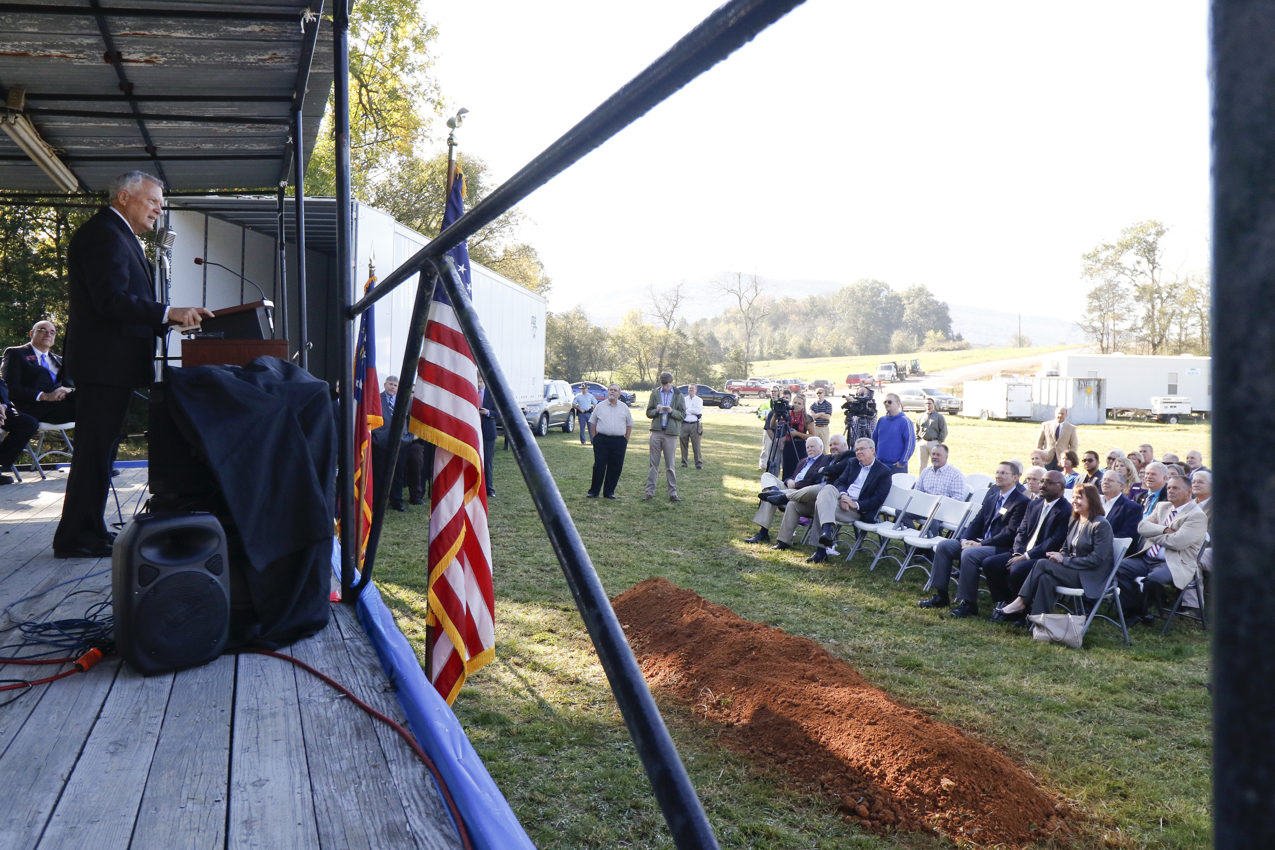 Staff Photo by Dan Henry / The Chattanooga Times Free Press- 10/15/15. Georgia Governor Nathan Deal speaks on Thursday, October 15, 2015 to officials and guests who gathered on the new Vanguard site in Trenton for an announcement that the Semi-trailer manufacturing plant is bringing 400 jobs to Dade County.