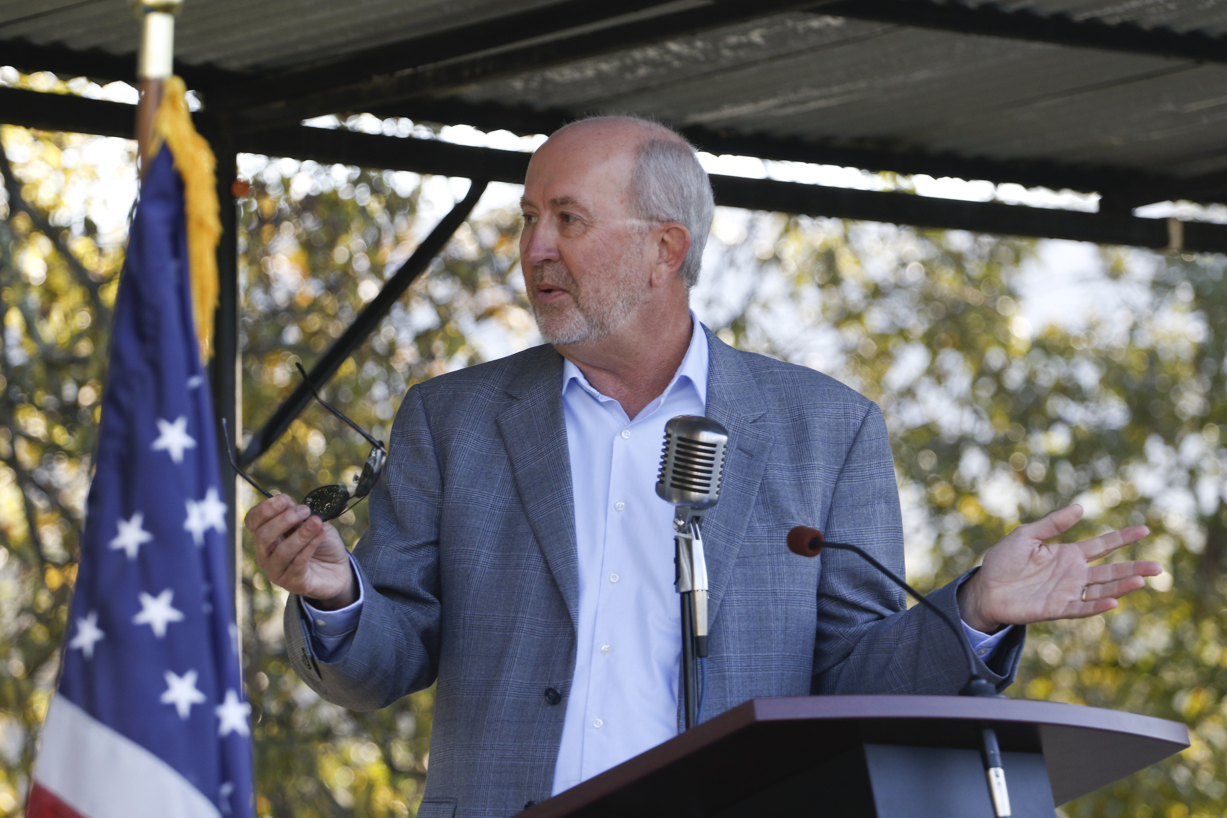 Staff Photo by Dan Henry / The Chattanooga Times Free Press- 10/15/15. Denny Williams COO of Vanguard speaks on Thursday, October 15, 2015 to officials and guests gathered on the new Vanguard site in Trenton for an announcement that the Semi-trailer manufacturing plant is bringing 400 jobs to Dade County.