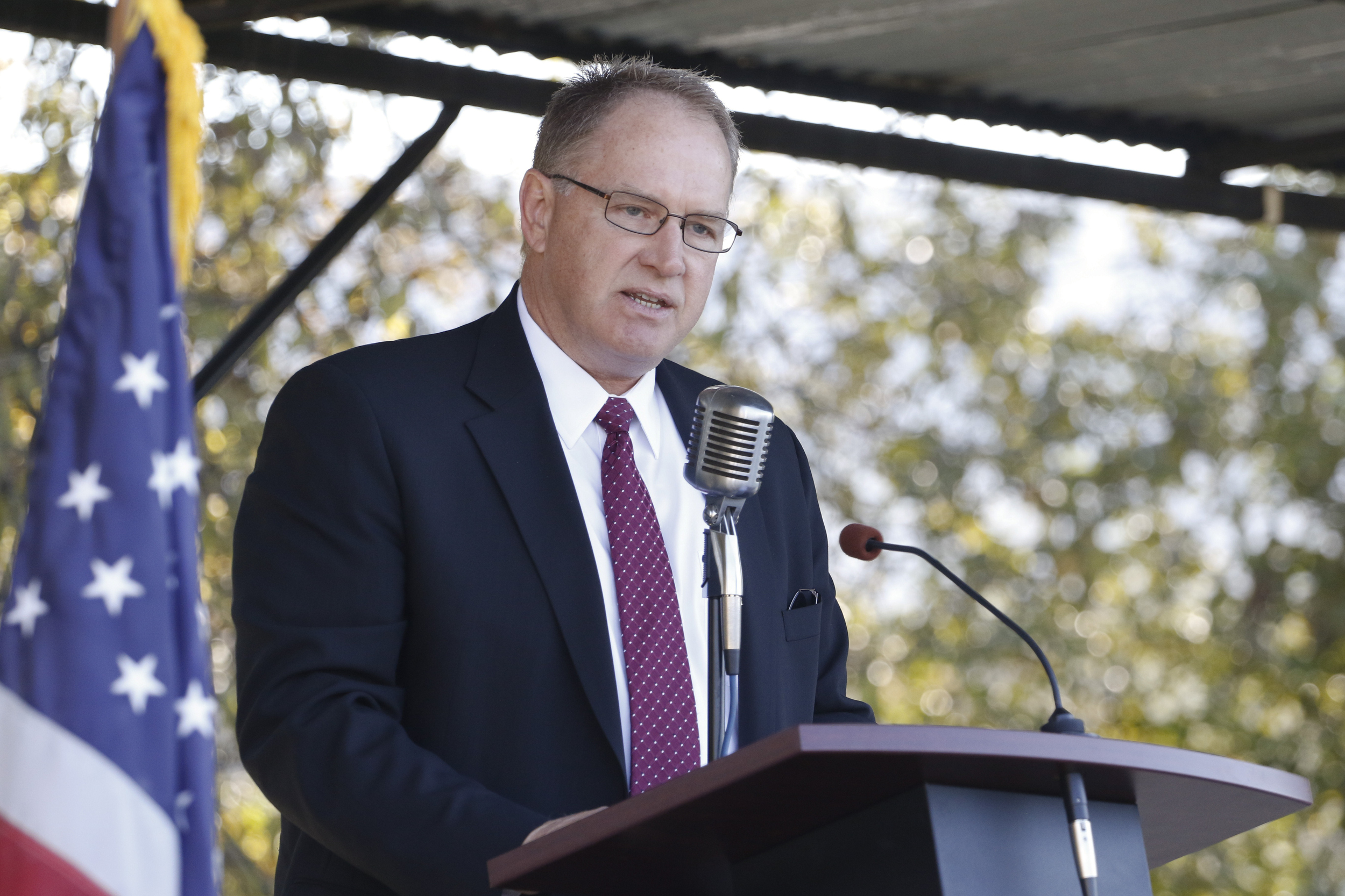 Staff Photo by Dan Henry / The Chattanooga Times Free Press- 10/15/15. Charles Mudd, President and CEO of Vanguard, speaks on Thursday, October 15, 2015 as officials and guests gathered on the new Vanguard site in Trenton for an announcement that the Semi-trailer manufacturing plant is bringing 400 jobs to Dade County.