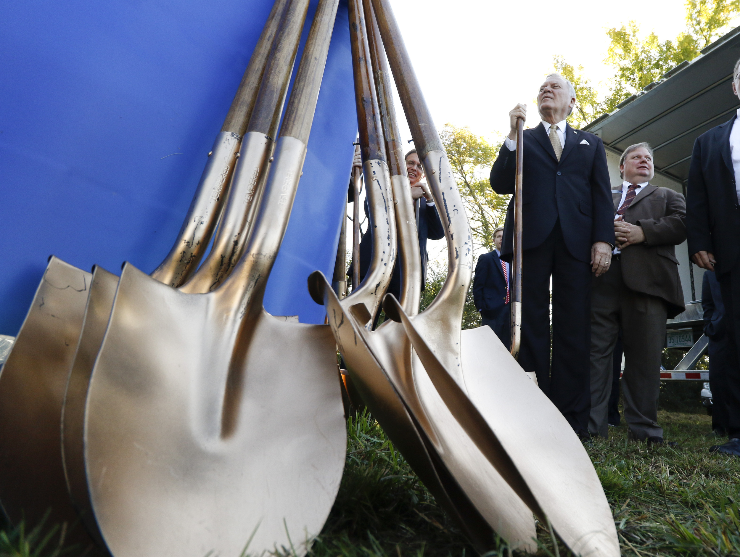Staff Photo by Dan Henry / The Chattanooga Times Free Press- 10/15/15. Georgia Governor Nathan Deal prepares to partake in a ceremonial ground breaking on the new Vanguard site in Trenton after an announcement that the Semi-trailer manufacturing plant is bringing 400 jobs to Dade County.