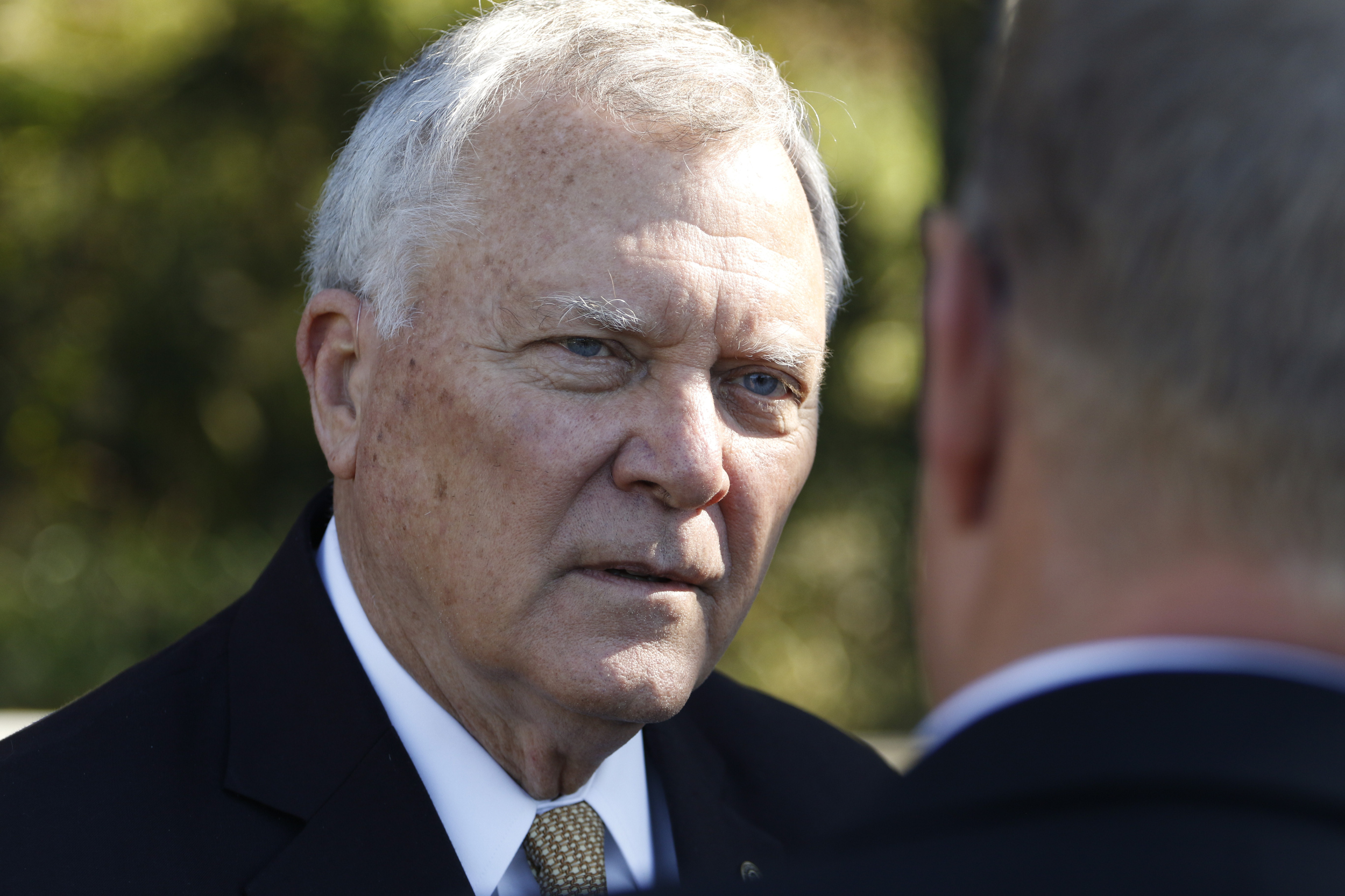 Staff Photo by Dan Henry / The Chattanooga Times Free Press- 10/15/15. Georgia Governor Nathan Deal speaks to media after a ceremonial ground breaking on the new Vanguard site in Trenton announcing that the Semi-trailer manufacturing plant is bringing 400 jobs to Dade County.