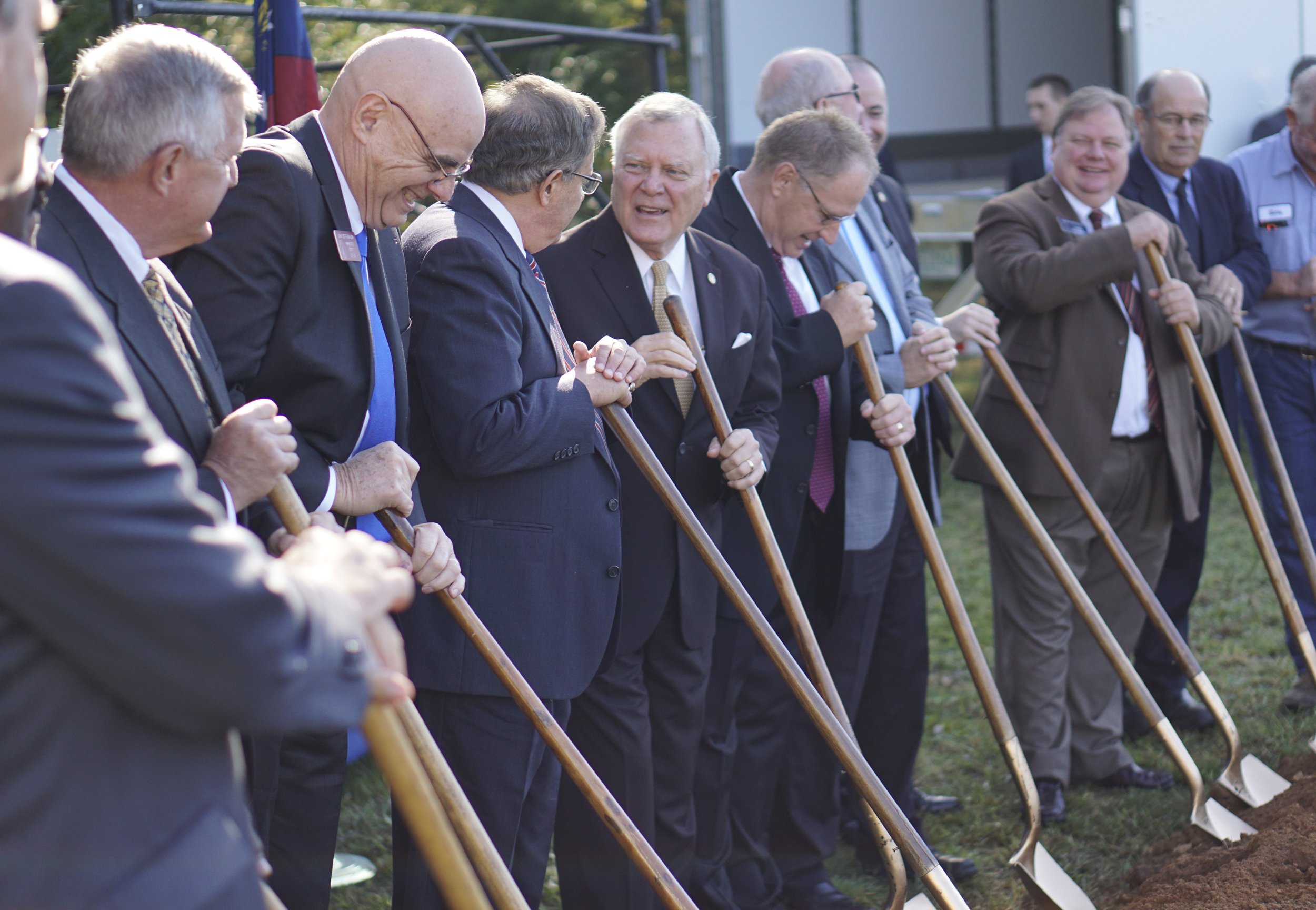 Staff Photo by Dan Henry / The Chattanooga Times Free Press- 10/15/15. Georgia Governor Nathan Deal prepares to partake in a ceremonial ground breaking on the new Vanguard site in Trenton after an announcement that the Semi-trailer manufacturing plant is bringing 400 jobs to Dade County.