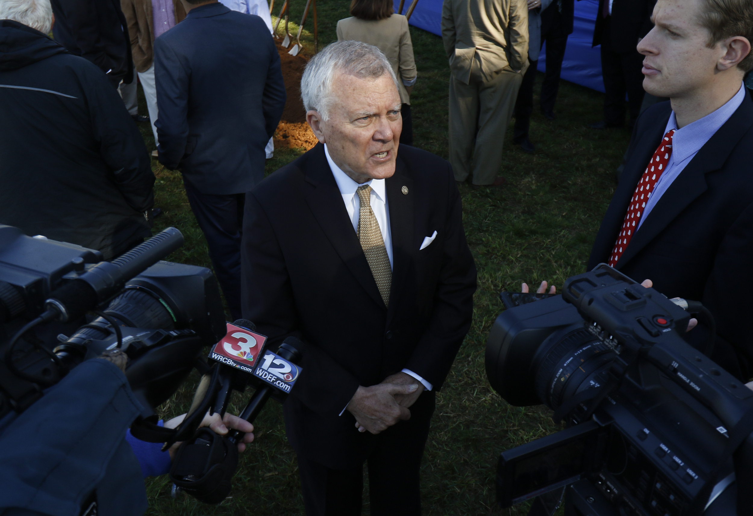 Staff Photo by Dan Henry / The Chattanooga Times Free Press- 10/15/15. Georgia Governor Nathan Deal speaks to media after a ceremonial ground breaking on the new Vanguard site in Trenton announcing that the Semi-trailer manufacturing plant is bringing 400 jobs to Dade County.