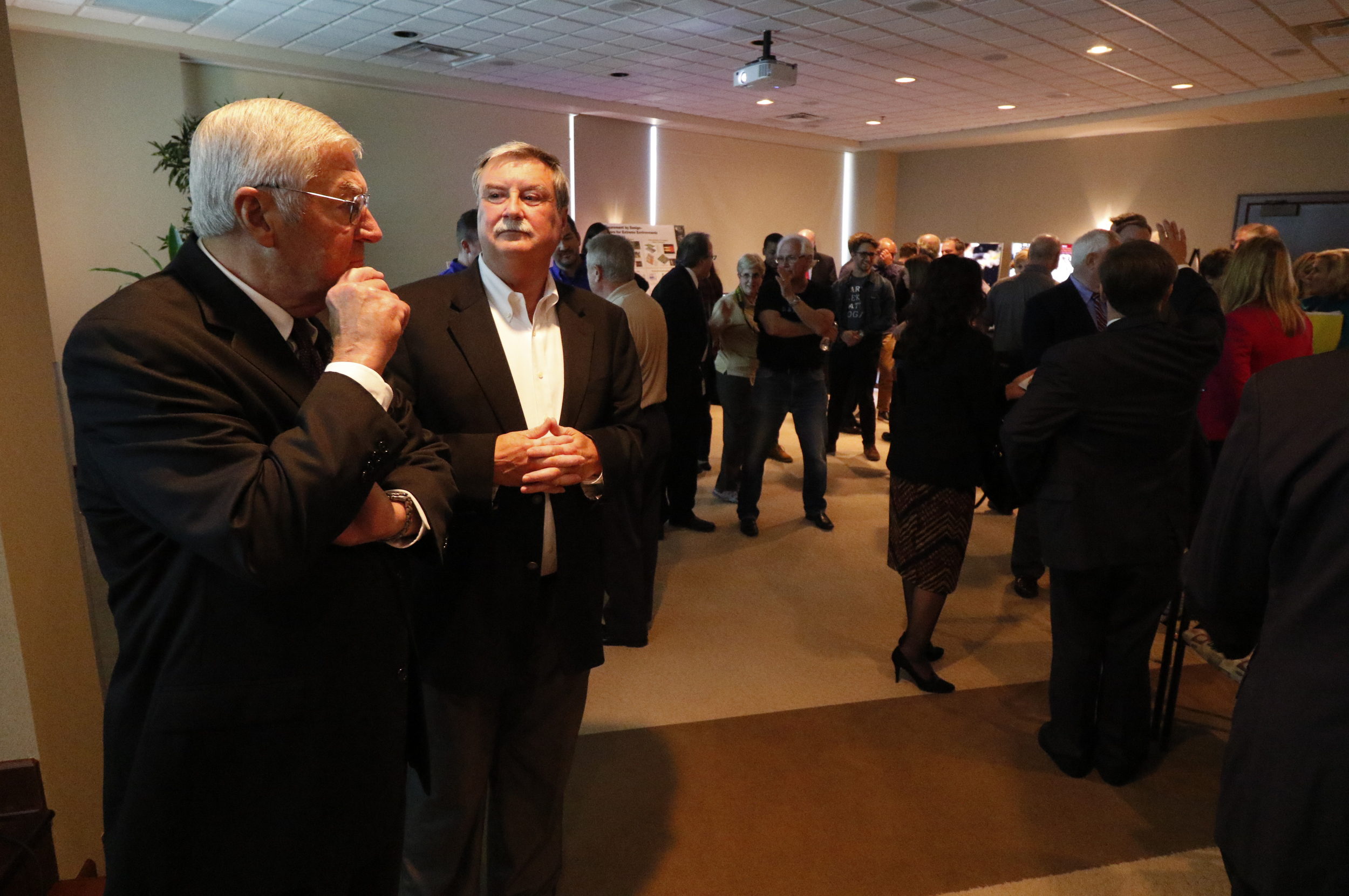 Staff Photo by Dan Henry / The Chattanooga Times Free Press- 10/15/15. EPB Chairman L. Joe Ferguson, left, and Harold DePriest President/CEO of EPB prepare to announce that residents of the Tennessee valley will have the opportunity to have the worlds fastest home 10-gig internet service.