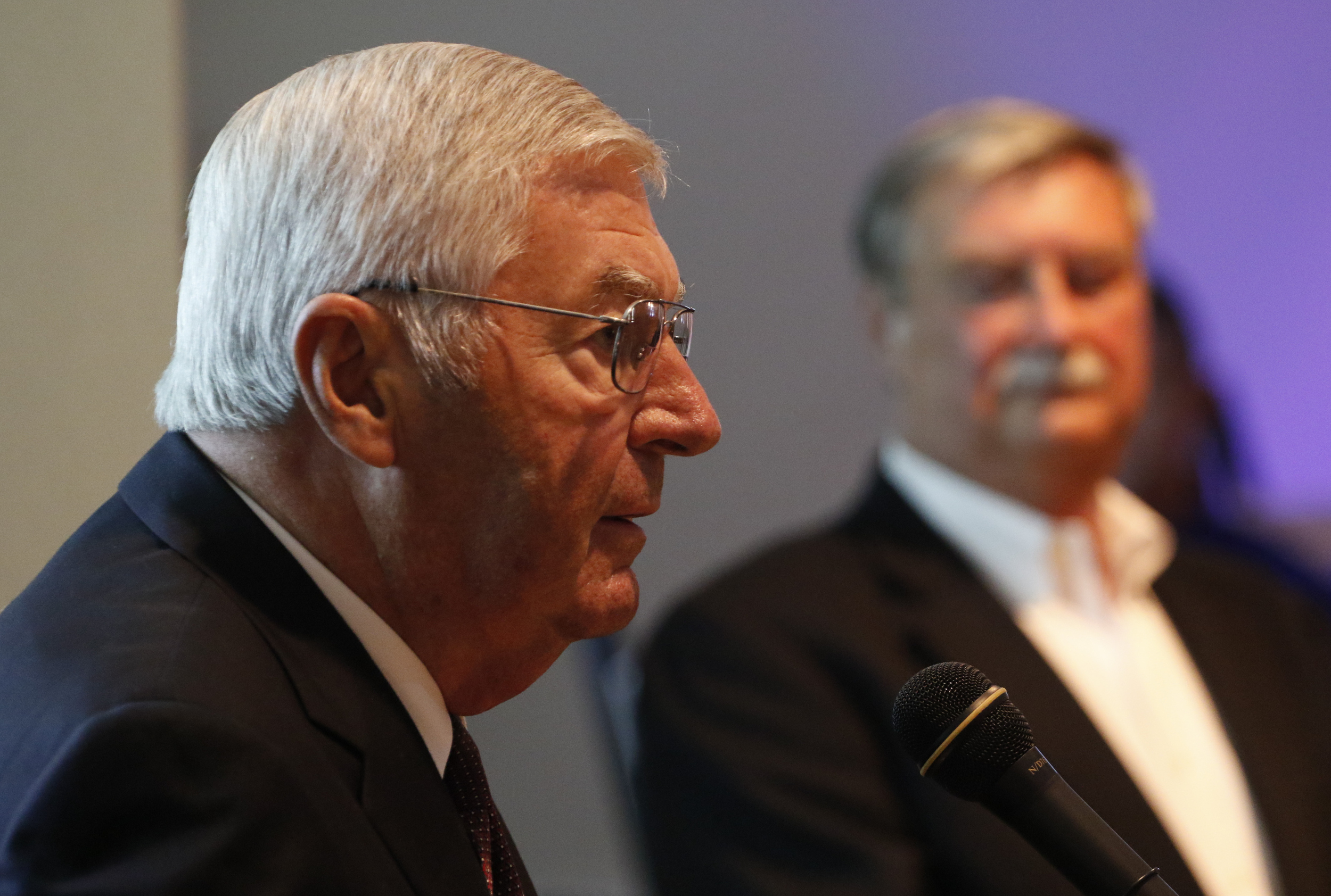 Staff Photo by Dan Henry / The Chattanooga Times Free Press- 10/15/15. EPB Chairman L. Joe Ferguson, left, and Harold DePriest President/CEO of EPB, back, announce that residents of the Tennessee valley will have the opportunity to have the worlds fastest home 10-gig internet service.