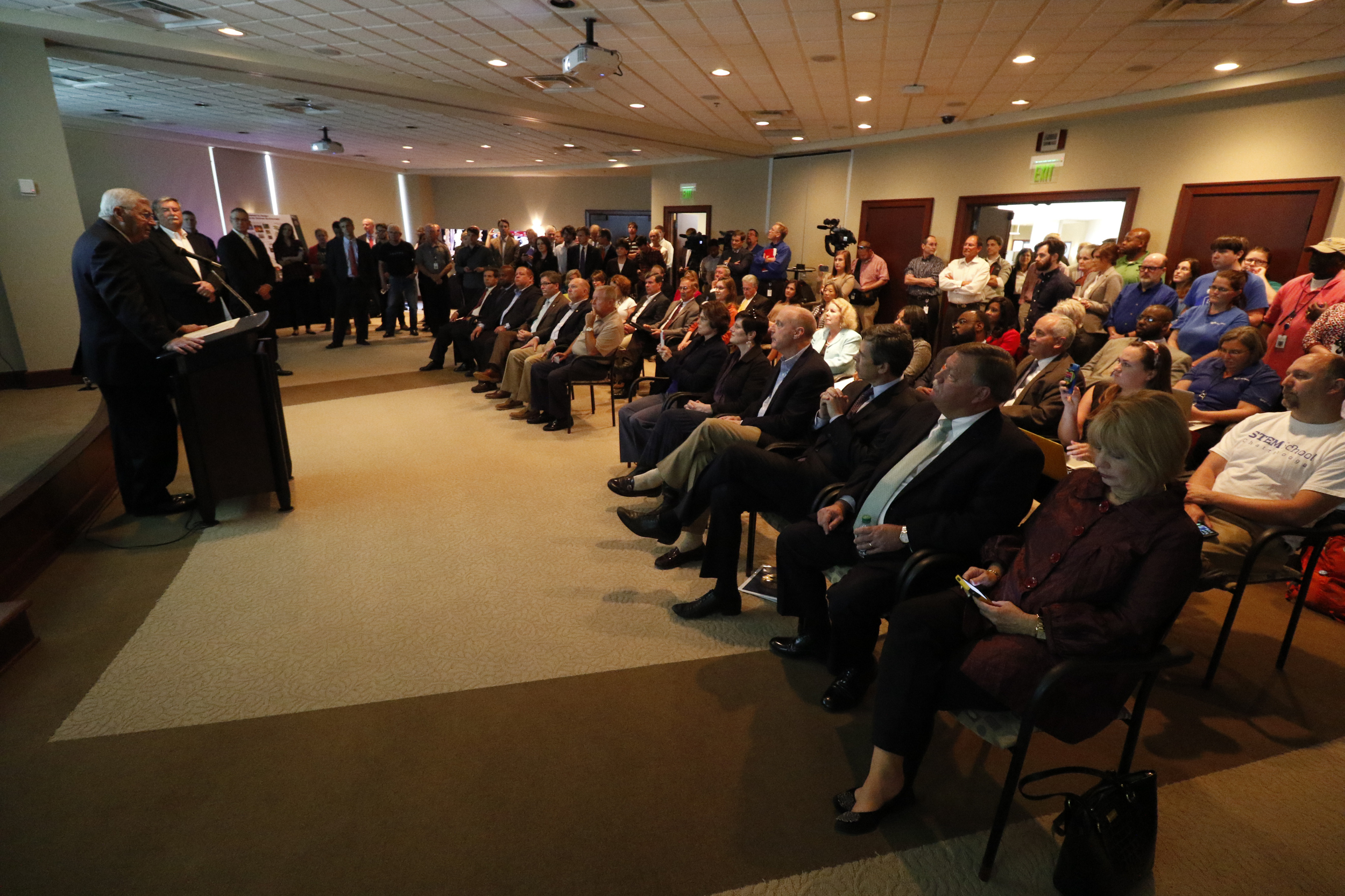 Staff Photo by Dan Henry / The Chattanooga Times Free Press- 10/15/15. EPB Chairman L. Joe Ferguson, left, announces that residents of the Tennessee valley will have the opportunity to have the worlds fastest home 10-gig internet service.