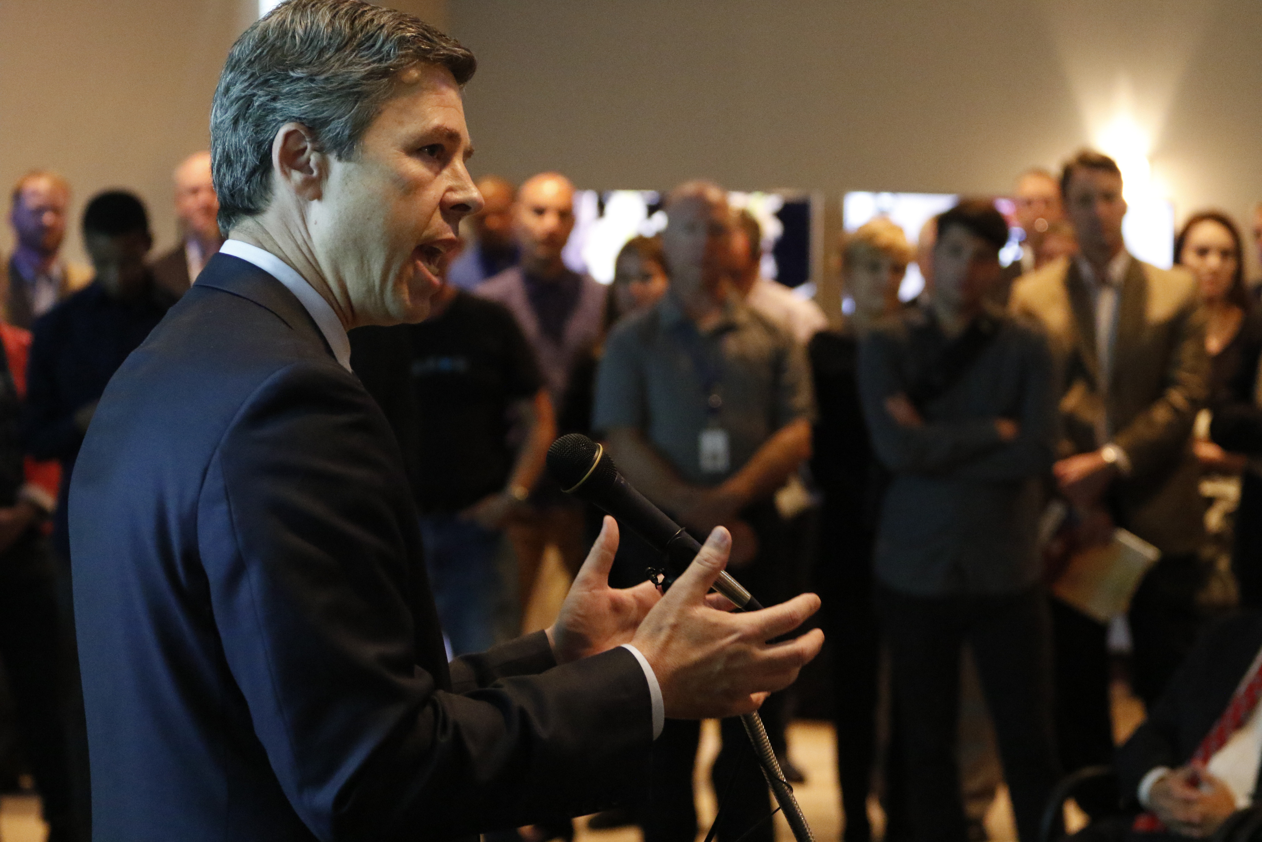 Staff Photo by Dan Henry / The Chattanooga Times Free Press- 10/15/15. Chattanooga Mayor Andy Berke comments on EPB's announcement that residents of the Tennessee valley will have the opportunity to have the worlds fastest home 10-gig internet service.