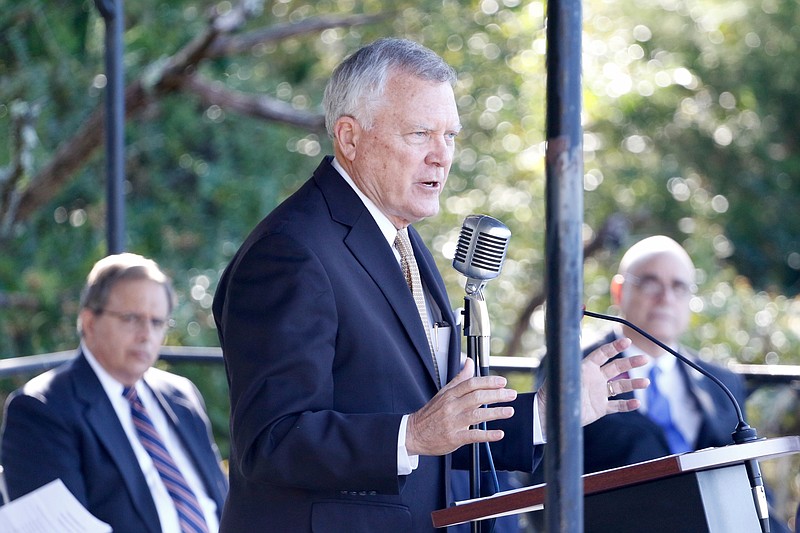 Georgia Governor Nathan Deal and other officials gather for an announcement that Vanguard, a Semi-trailer manufacturing plant, is bringing 400 jobs to Dade County on Thursday, October 15, 2015. 