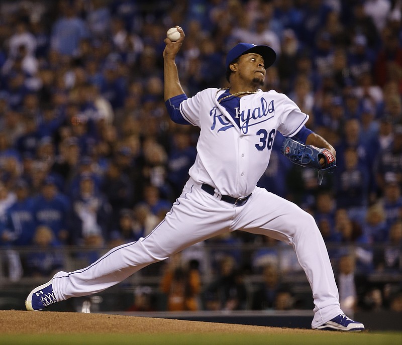 Kansas City Royals starting pitcher Edinson Volquez throws to the Toronto Blue Jays during first inning in Game 1 of baseball's American League Championship Series on Friday, Oct. 16, 2015, in Kansas City, Mo. 