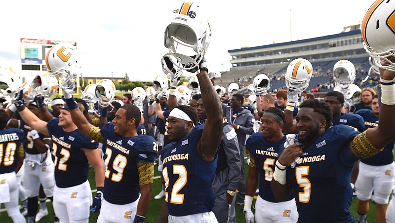 UTC sings the alma mater after their victory over Furman at Finley Stadium on Saturday, October 10, 2015.