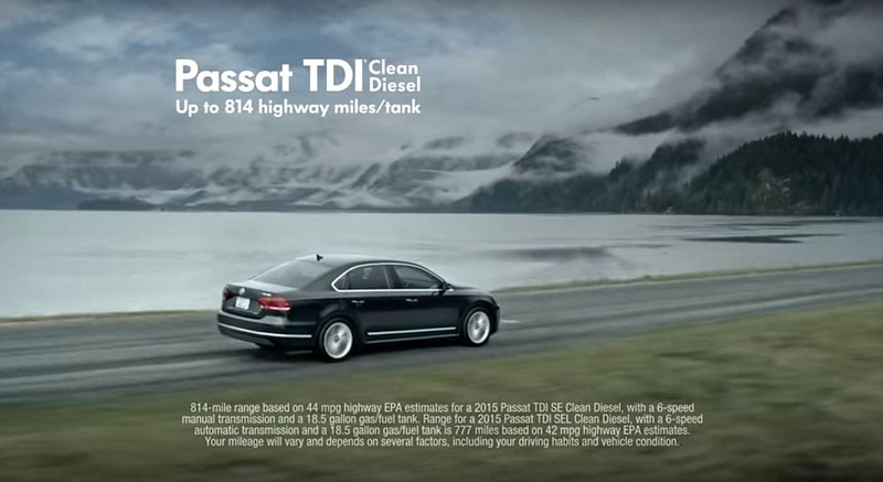 
              This is a framegrab from a Volkswagen commercial for a vehicle with their TDI Clean Diesel engine. The Federal Trade Commission (FTC) is investigating whether Volkswagen's "clean diesel" advertising claims amounted to a fraud on American consumers, adding a new avenue for regulators to punish the company for its deception. For years, the company aired memorable TV spots using terms such as “miraculous” to describe the car’s seemingly too-good-to-be-true balance of peppy acceleration, 40-mile-per-gallon gas mileage and low greenhouse gas emissions. The company has withdrawn those ads following last month’s admission it had engaged in an scheme to rig U.S. emissions tests. (Volkswagen/Youtube via AP)
            