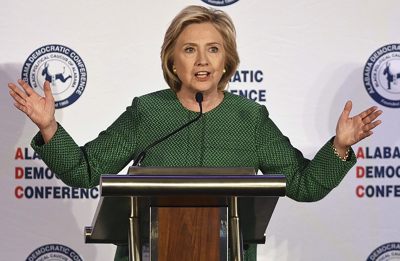 Democratic presidential candidate Hillary Rodham Clinton speaks during a meeting of the Alabama Democratic Conference in Hoover, Ala., Saturday, Oct. 17, 2015. Clinton tells black Alabama Democrats that she'd champion voting rights in the White House. She says Republicans are dismantling the progress of the civil rights movement.