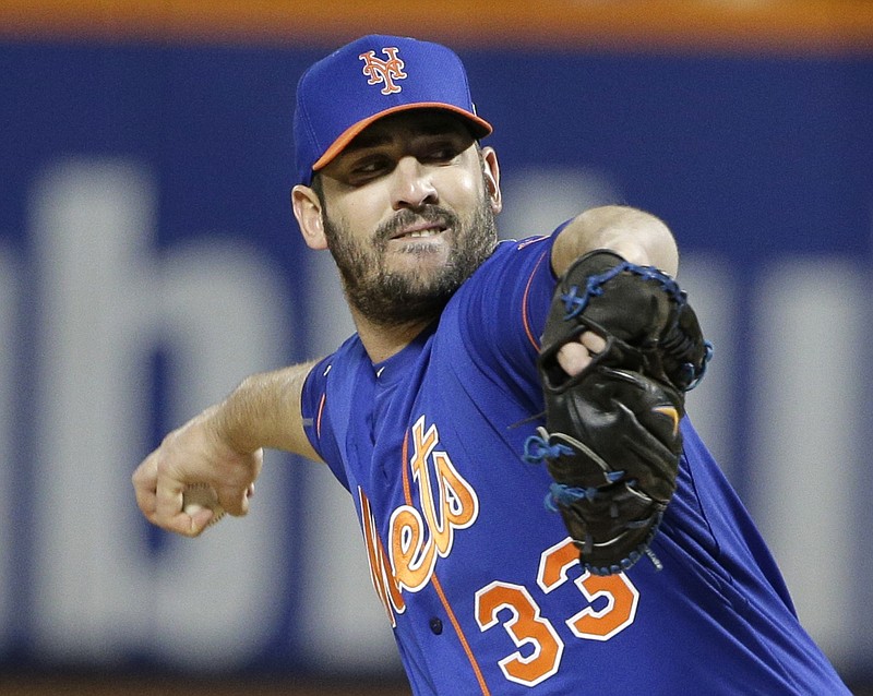 New York Mets pitcher Matt Harvey throws during the first inning of Game 1 of the National League baseball championship series against the Chicago Cubs Saturday, Oct. 17, 2015, in New York.