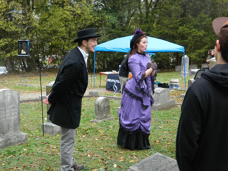 Nineteenth Century Cleveland citizens John G. and Myra Inman Carter, portrayed by Lee University history students Alex Maxwell and Shay Slaughter, address Fort Hill Cemetery visitors during the 2012 Lantern Walking Tour.