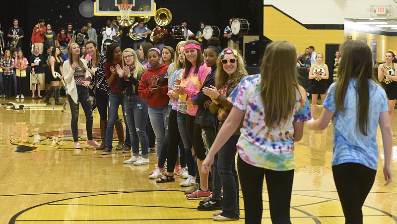Members of the Hixson High School volleyball team are introduced at a pep rally on Tuesday, Oct. 20, 2015, in Chattanooga, Tenn. The Hixson team will be making the school's first appearance in the state volleyball tournament on Wednesday. 
