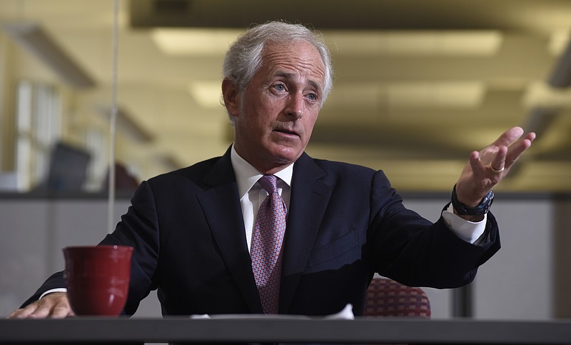 U. S. Senator Bob Corker meets with members of the Chattanooga Time Free Press editorial board Wednesday, Aug. 19, 2015, in Chattanooga, Tenn.