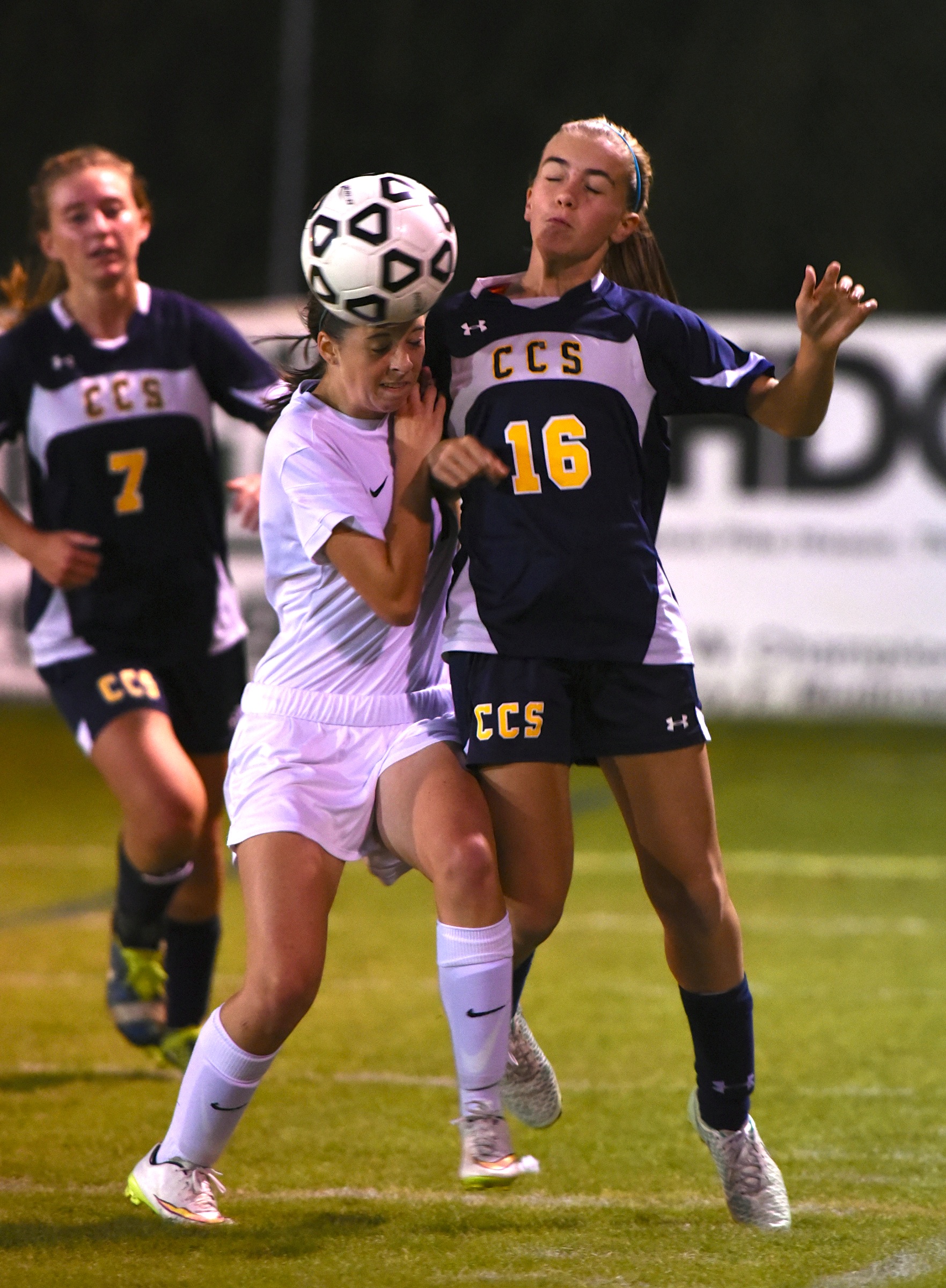 Notre Dame's Katie Koenig and Chattanooga Christian's Ella Brock go for the ball Wednesday, October 22, 2015, at Notre Dame High School.