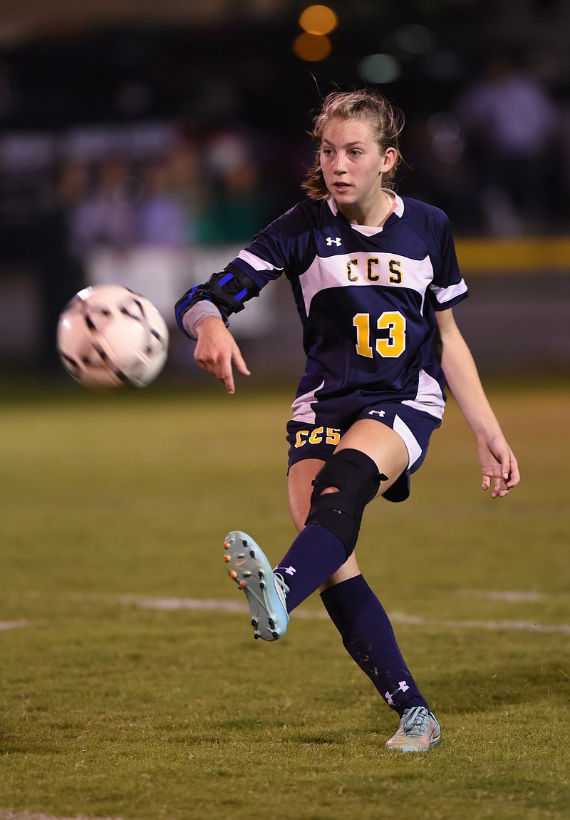 Chattanooga Christian School's Leah Hoffman kicks the ball in the game against Notre Dame Wednesday, October 22, 2015, at Notre Dame High School.