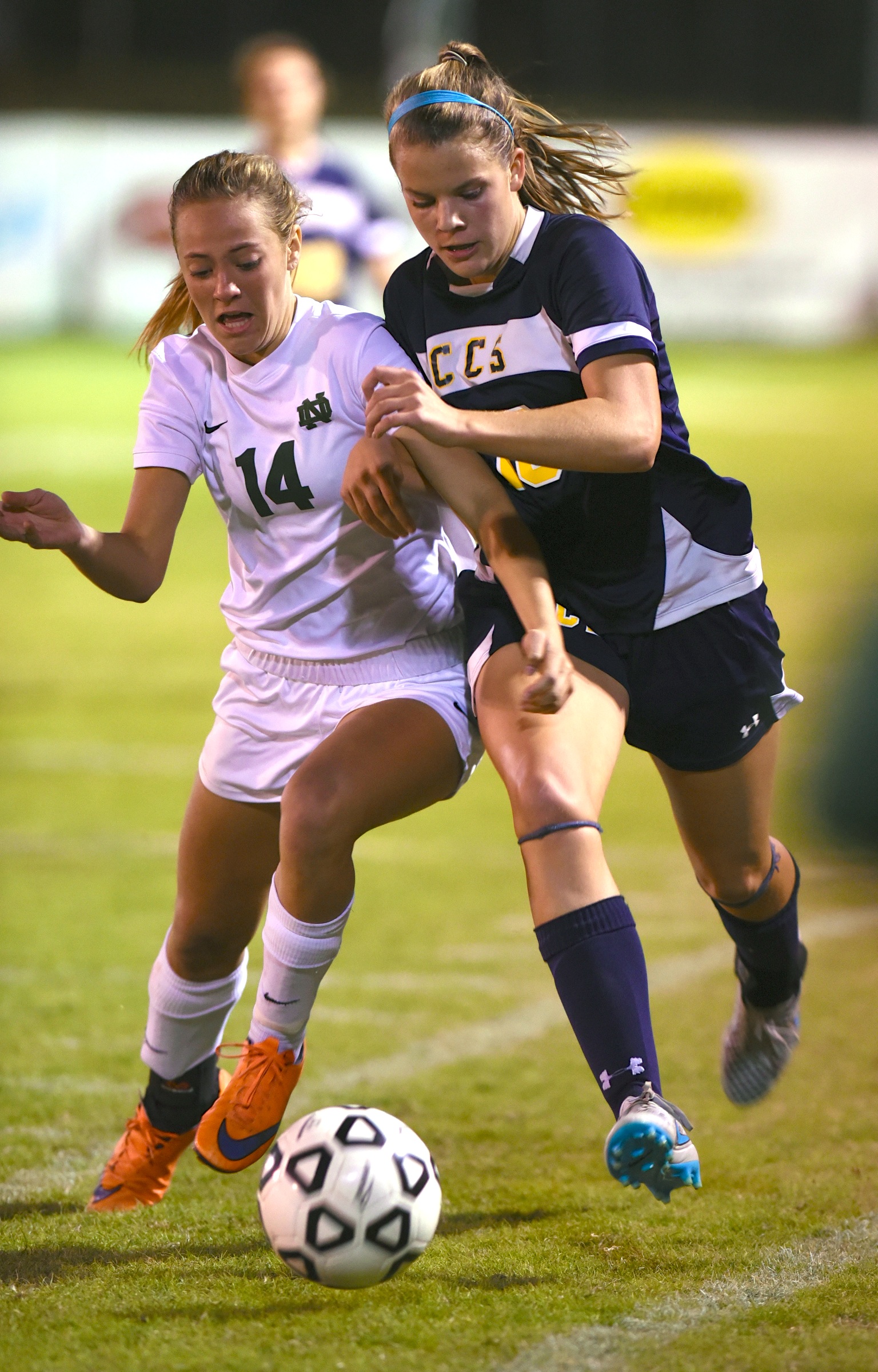 Notre Dame's Ashley McMeen and Chattanooga Christian School's Addie Henry pursue the ball Wednesday, October 22, 2015, at Notre Dame High School.