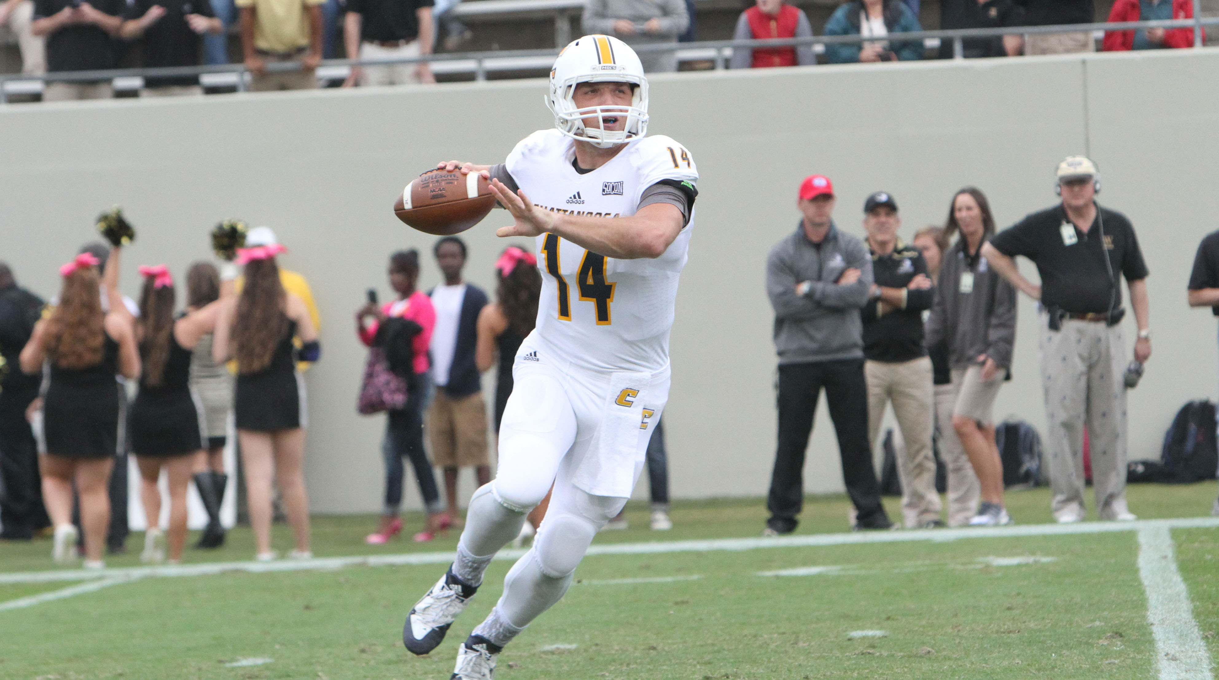 UTC's Jacob Huesman works against Wofford in this file photo.