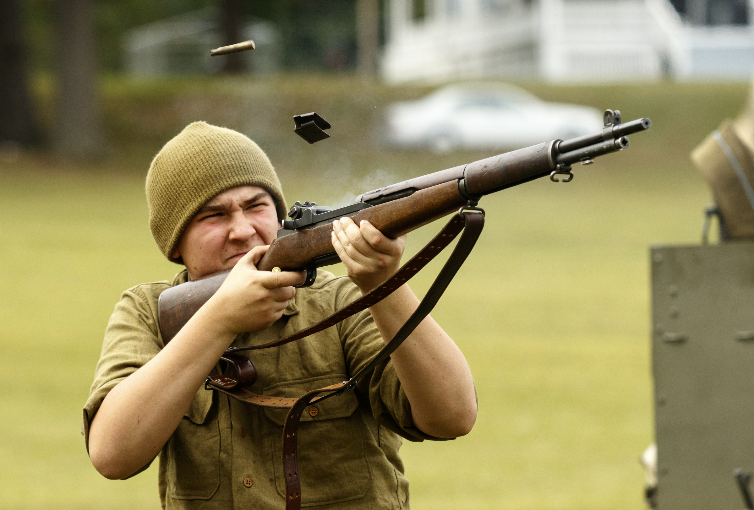 Malachi Salas fires the final round in an M1 Garand during a demonstration at the 6th Cavalry Museum's 6th annual Remembering Our Heroes event on Saturday, Oct. 24, 2015, in Fort Oglethorpe, Ga. The event featured one World War II battle re-enactment, but the second re-enactment was changed to a firing demonstration after lower spectator turnout.