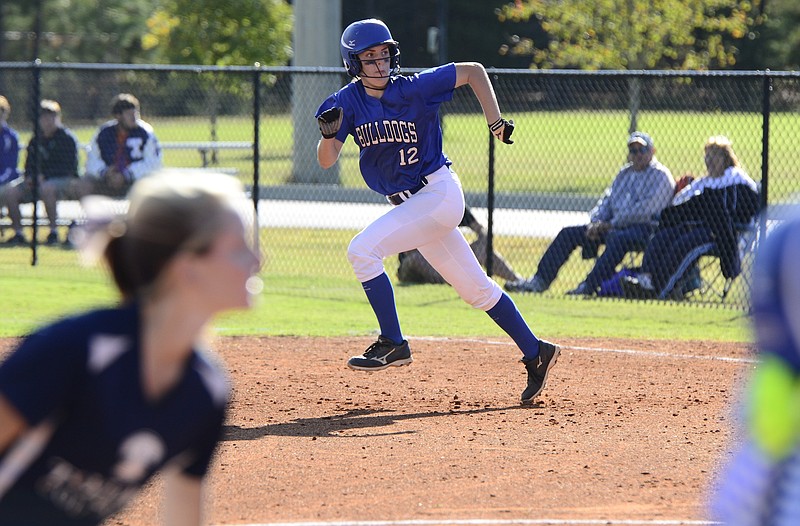 Trion's Kerrigan Ramsey charges to second base during a best-of-three GHSA Class A series game between Taylor County and and Trion High at Trion High School in Trion, Ga., on Wednesday, October 22, 2014.