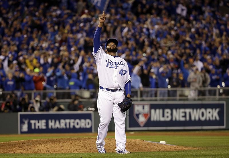 Kansas City Royals pitcher Johnny Cueto reacts after getting New York Mets' Yoenis Cespedes to fly out and end Game 2 of the Major League Baseball World Series Wednesday, Oct. 28, 2015, in Kansas City, Mo. The Royals won 7-1 to take a 2-0 lead in the series. 