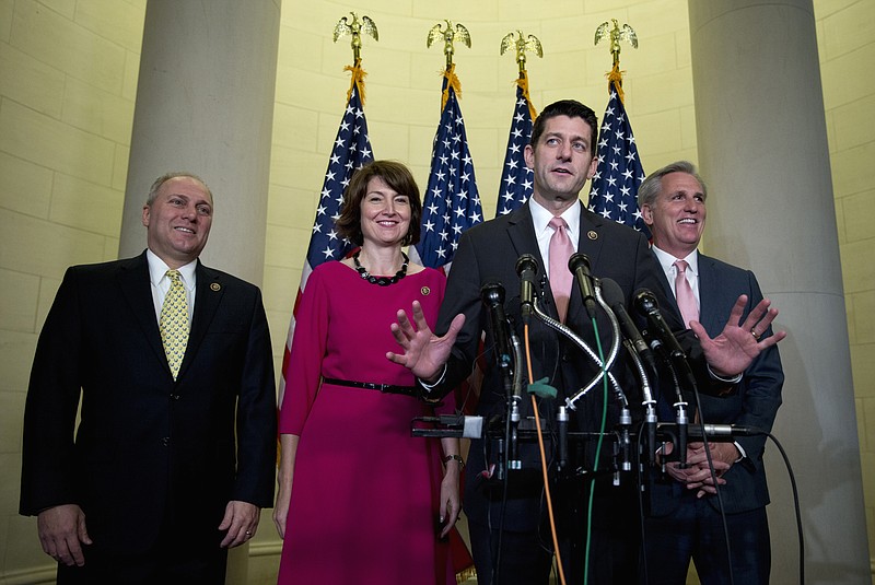 Rep. Paul Ryan, R-Wis., joined by, from left, House Majority Whip Steve Scalise of La.,, Rep. Cathy McMorris Rodgers, R-Wash., and House Majority Leader Kevin McCarthy of Calif., speaks to media on Capitol Hill in Washington, Wednesday, Oct. 28, 2015, after a Special GOP Leadership Election. Republicans in the House of Representatives have nominated Ryan to become the chamber's next speaker, hoping he can lead them out of weeks of disarray and point them toward accomplishments they can highlight in next year's elections.