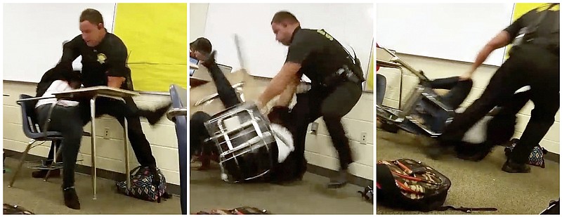 This three image combo made from video taken by a Spring Valley High School student on Monday, Oct, 26, 2015, shows Senior Deputy Ben Fields trying to forcibly remove a student from her chair after she refused to leave her high school math class, in Columbia S.C.