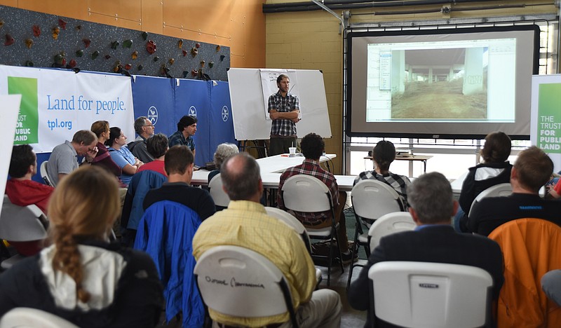 Judd de Vall speaks during a public forum Monday, November 2, 2015, at Outdoor Chattanooga to discuss a proposed bike park under the Olgiati Bridge.