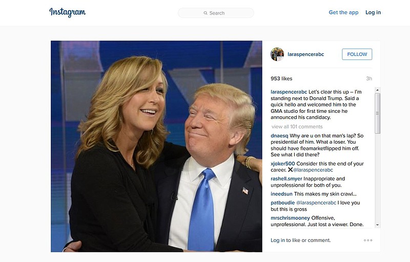 This photo obtained from the Instagram account of Lara Spencer shows Spencer, a co-anchor on "Good Morning America," with Republican presidential candidate Donald Trump on the set in New York on Tuesday, Nov. 3, 2015. 