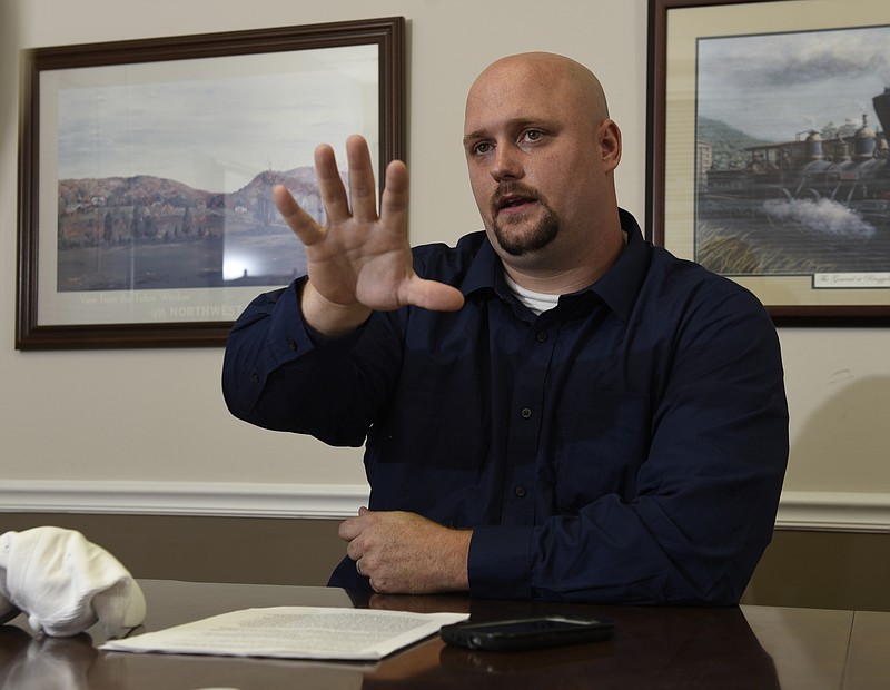 Photographed in the offices of his attorney, McCracken Poston, on Monday, Oct. 26, 2015, in Ringgold, Ga., Daniel Edge talks about an incident that happened earlier this month in Fort Oglethorpe. He was arrested, wrongly, he believes, by an officer from the Catoosa County Sheriff's Office. 