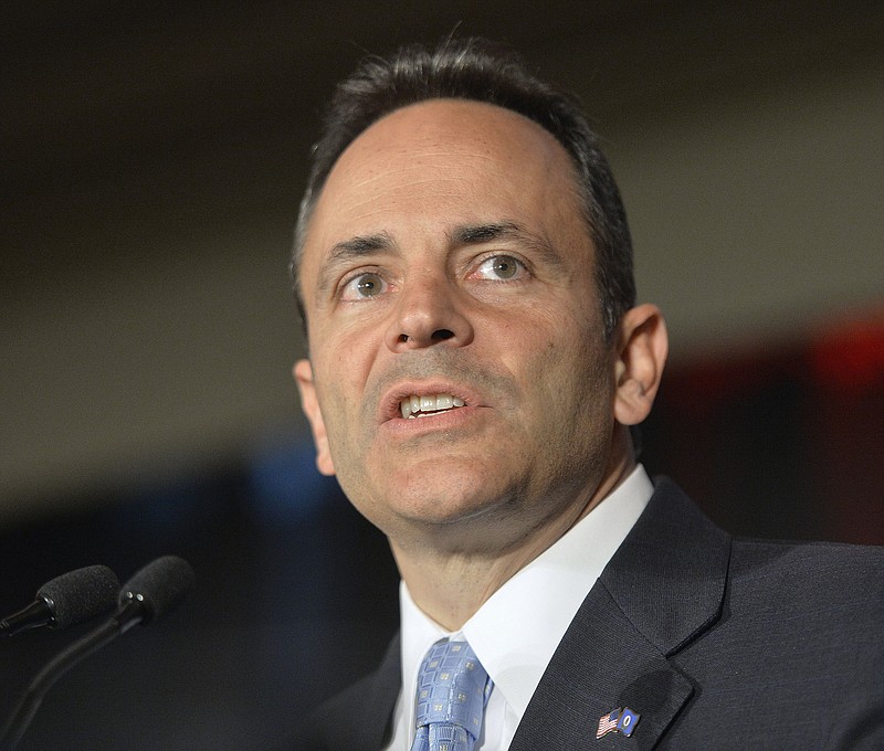 
              FILE - In this Nov. 3, 2015 file photo, Kentucky Republican Gov.-elect Matt Bevin speaks in Louisville, Ky. State and local elections across the country this week produced warnings signs for both Democrats and Republicans as the parties press toward the 2016 presidential contest, now just a year away. (AP Photo/Timothy D. Easley, File)
            