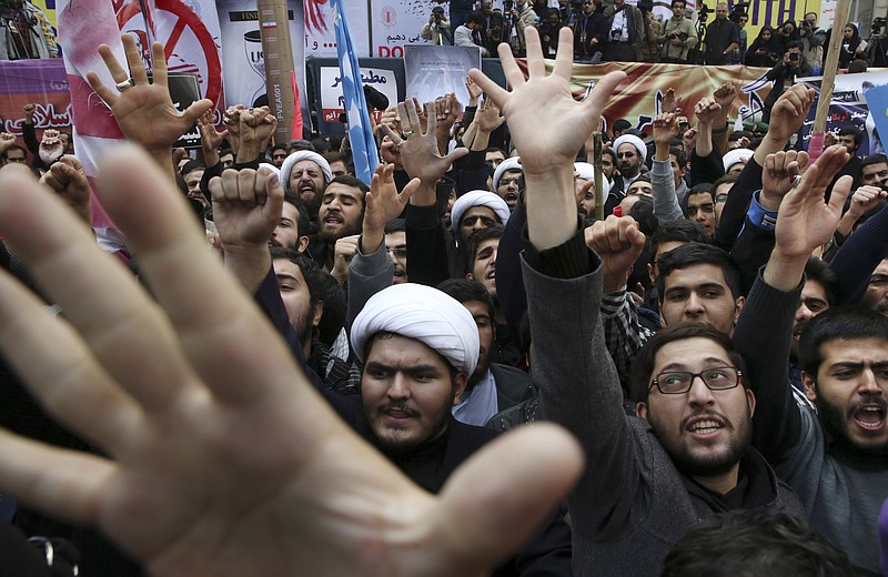 Iranian demonstrators chant anti-American slogans during an annual rally in front of the former U.S. Embassy in Tehran earlier this week, marking the 36th anniversary of the seizure of the embassy by militant Iranian students.