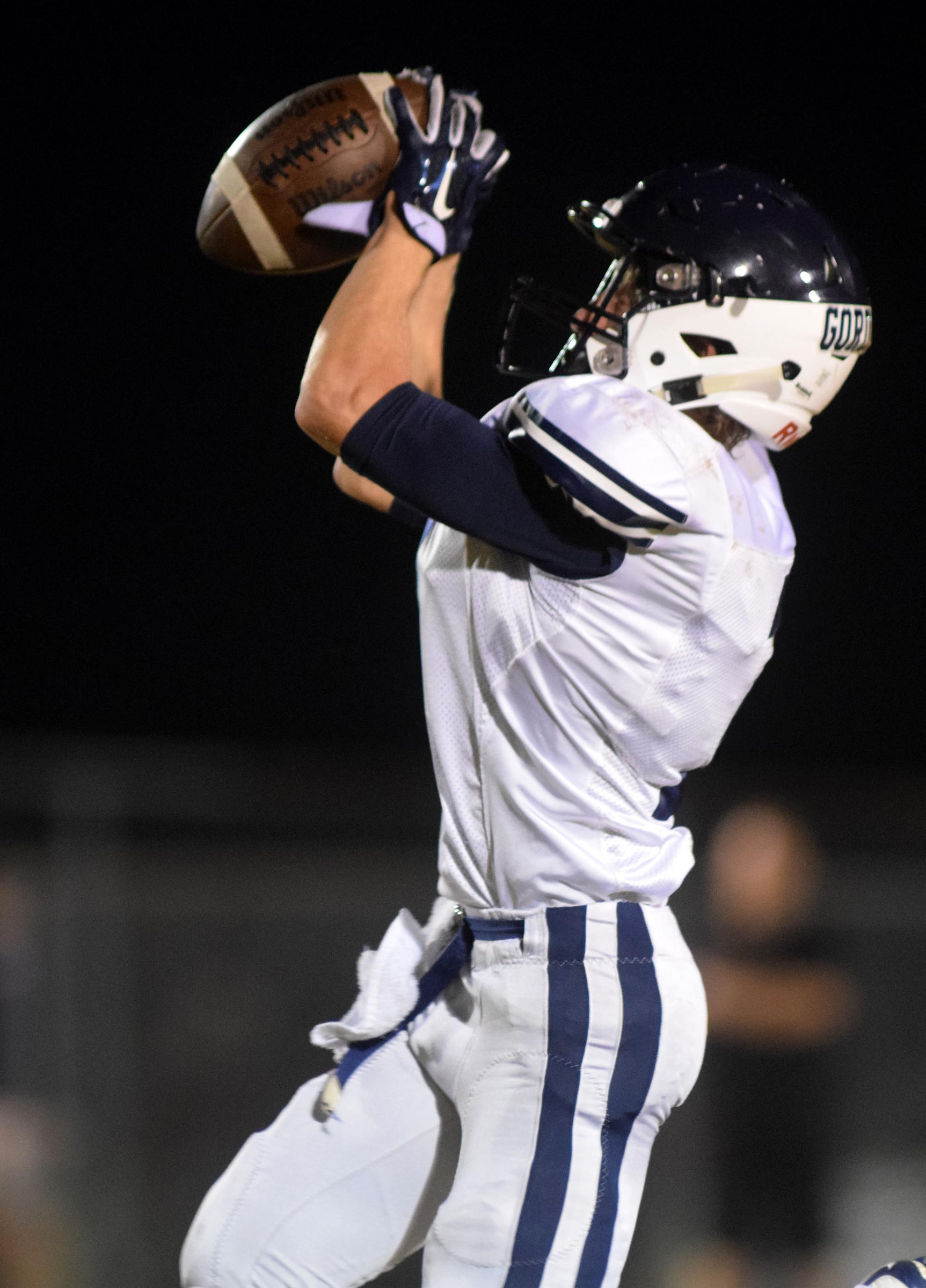 Gordon Lee's Nick Wilson (3) pulls in a pass for the Trojans.  The Gordon Lee Trojans visited the Dade County Wolverines in GHSA football action Thursday night, November 5, 2015.