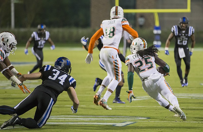 
              Miami's Dallas Crawford (25) returns a kickoff,  which featured multiple laterals before Corn Elder subsequently received the final lateral, and scored to beat Duke 30-27 in an NCAA college football game, in Durham, N.C., Saturday, Oct. 31, 2015. (AP Photo/Rob Brown)
            