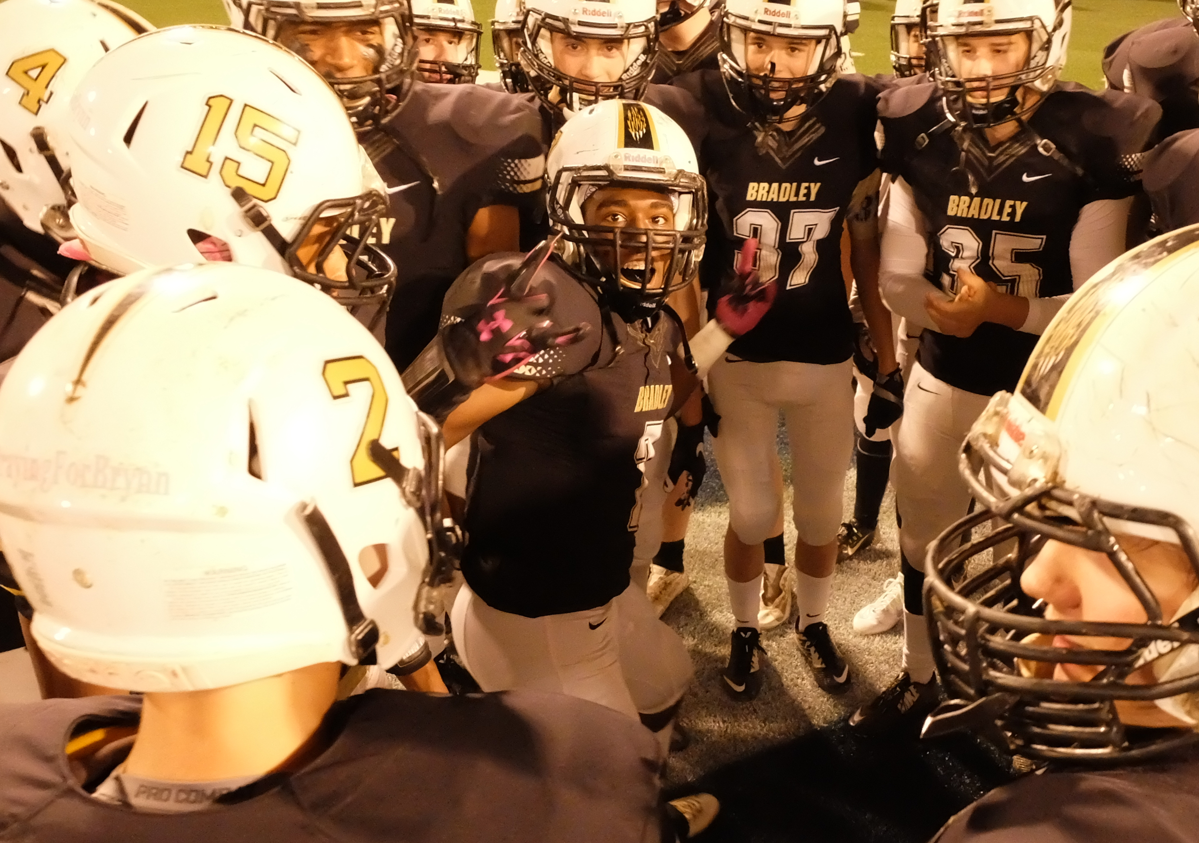 Bradley Central's Courtland Bradley charges up the team before Thursday's class 6A first-round game with Riverdale at Finley Stadium.