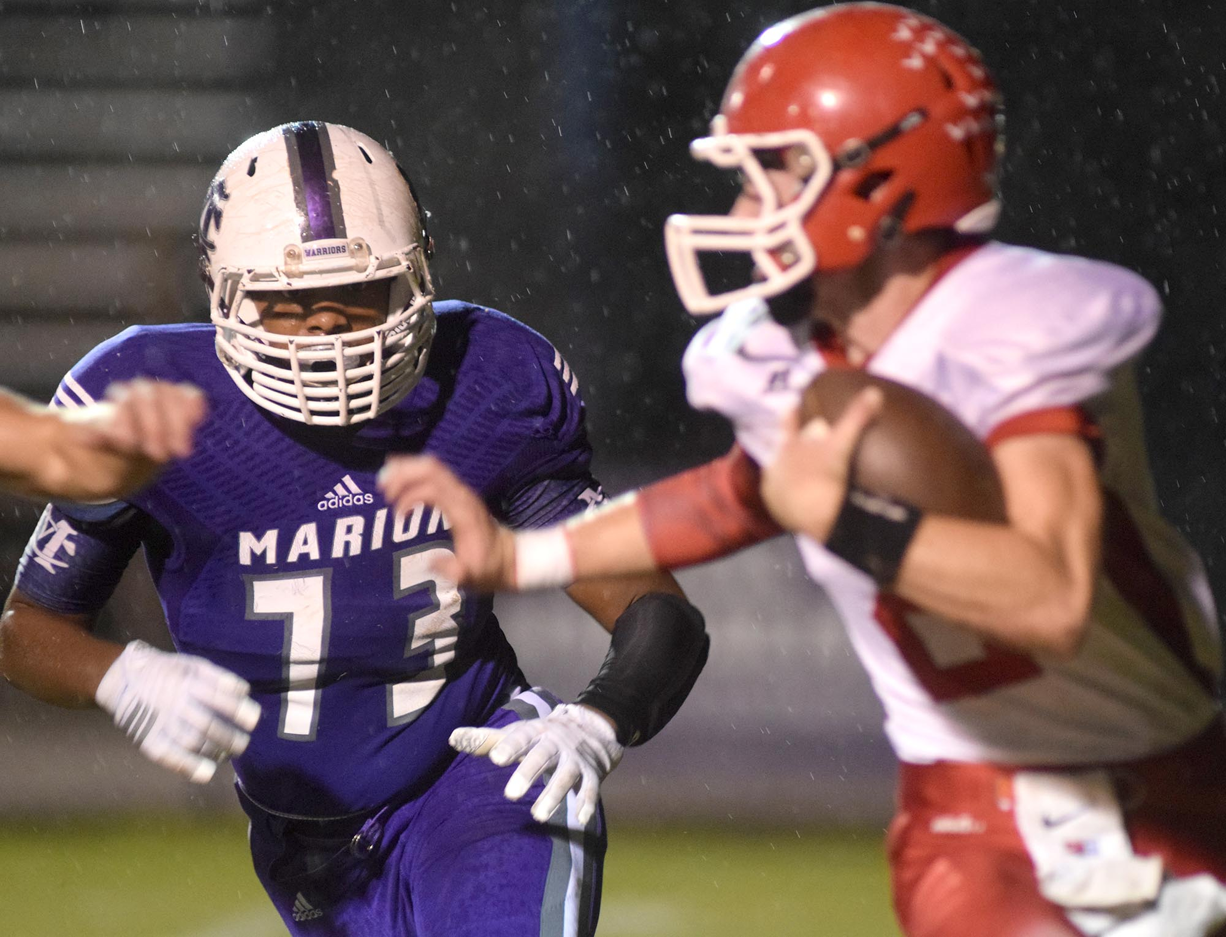 Marion County's Ismael Avilia (78) pursues a Westmoreland ball carrier.   The Westmoreland Eagles visited the Marion County Warriors in the first round of the TSSAA football playoffs Friday night, November 6, 2015.