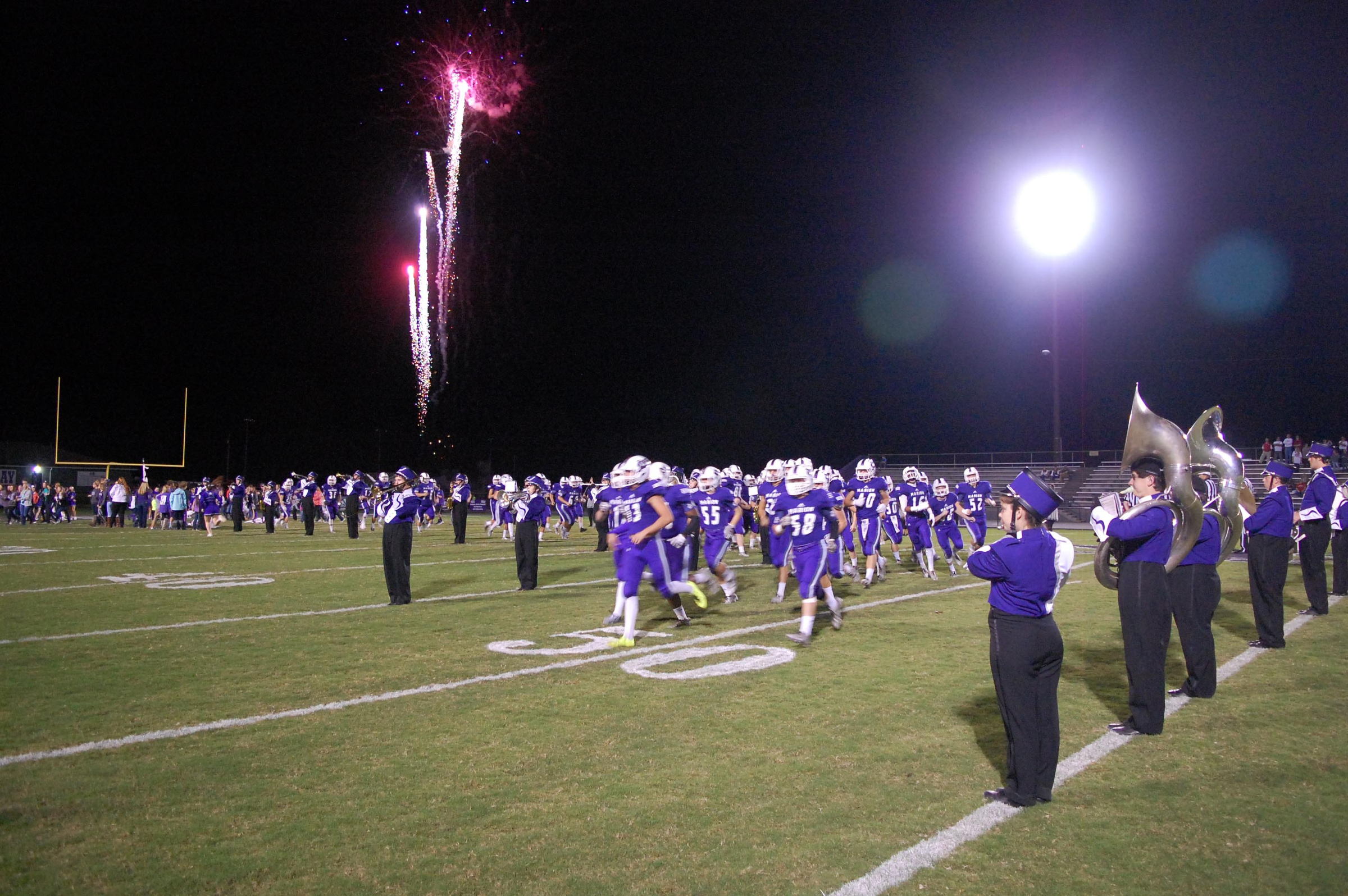 The Marion County Warriors take the field under a display of fireworks.  The Westmoreland Eagles visited the Marion County Warriors in the first round of the TSSAA football playoffs Friday night, November 6, 2015.
