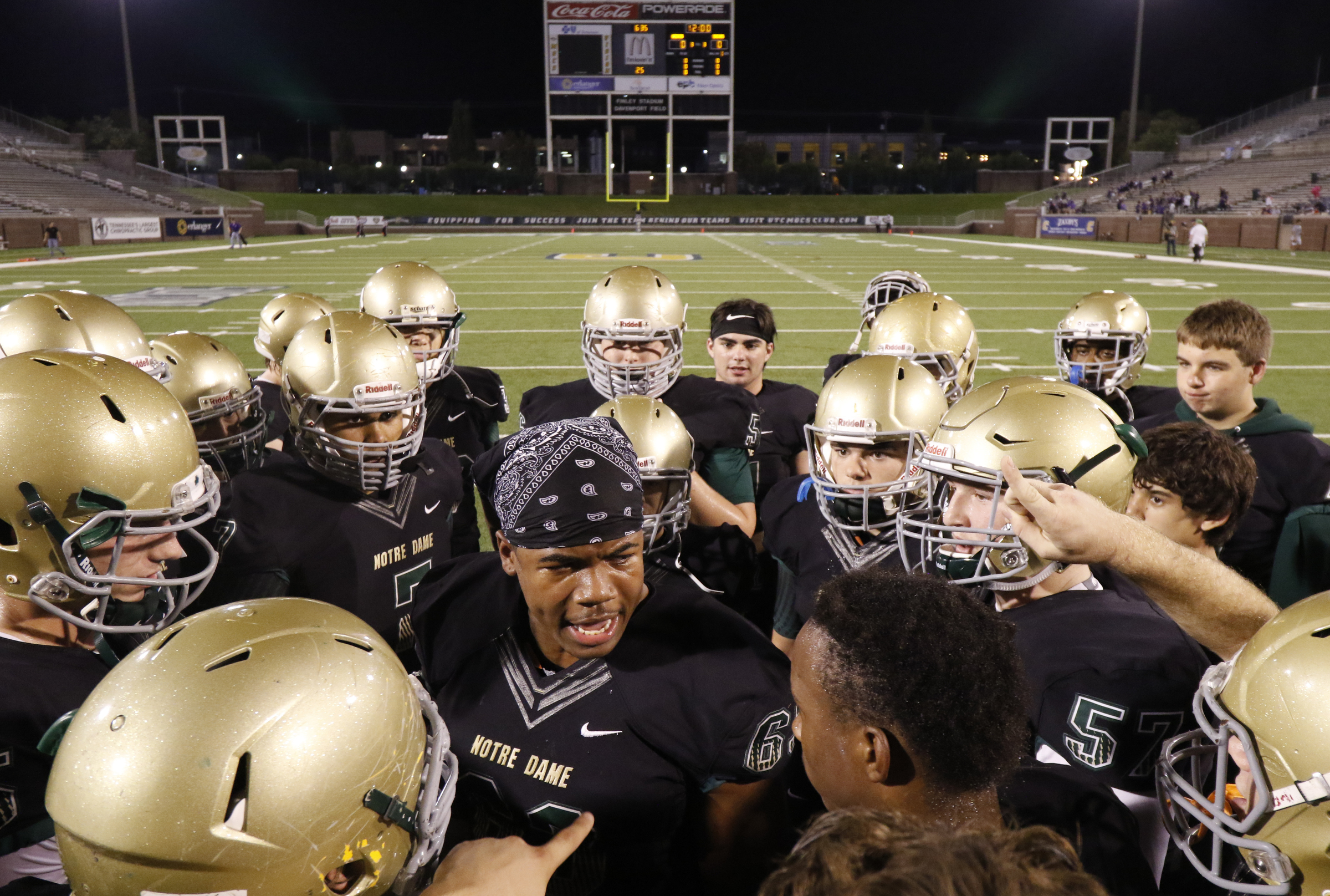 Staff Photo by Dan Henry / The Chattanooga Times Free Press- 11/6/15. Photo by Dan Henry - Notre Dame High School's Robert Murphy motivates his team before playing Sequatchie County at Finley Stadium in downtown Chattanooga on Friday.