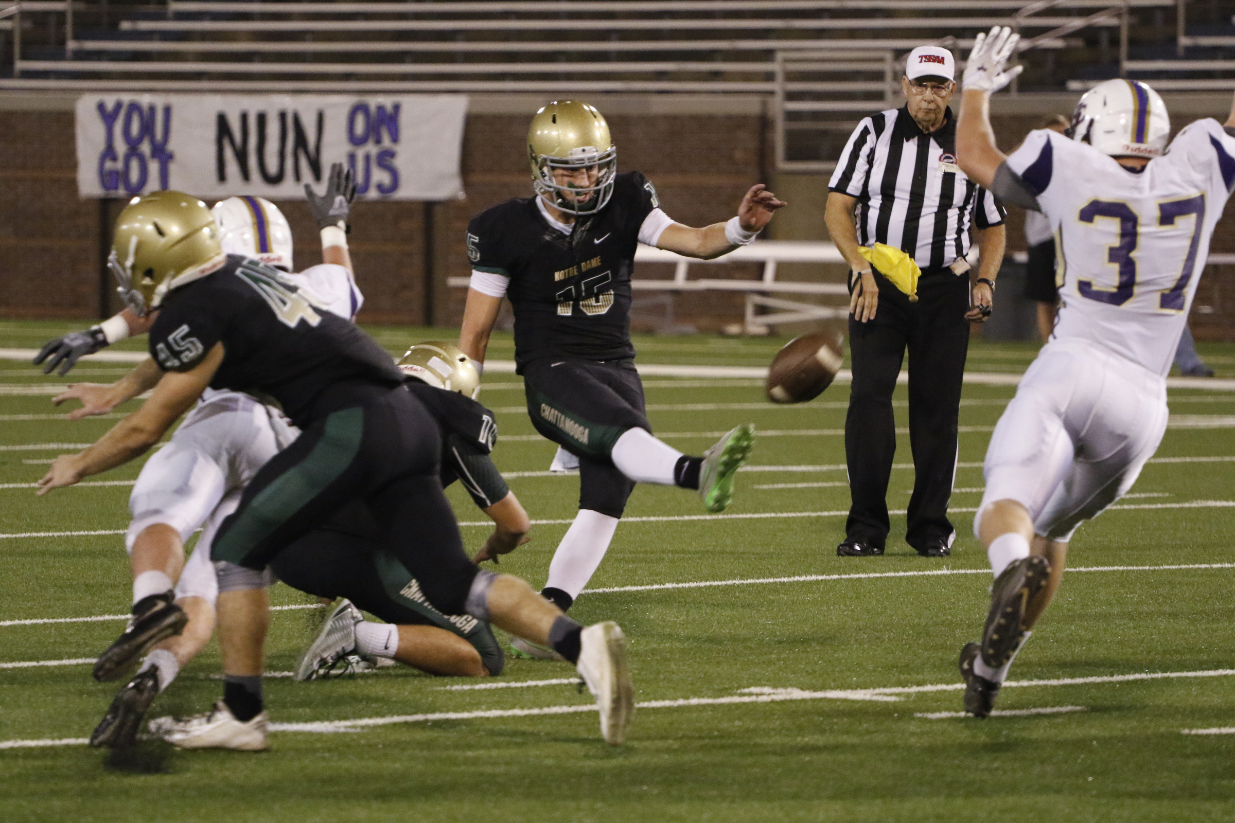 Staff Photo by Dan Henry / The Chattanooga Times Free Press- 11/6/15. Notre Dame High School's Alex Darras (15) kicks an extra point against Sequatchie County during the first half of play at Finley Stadium in downtown Chattanooga on Friday.