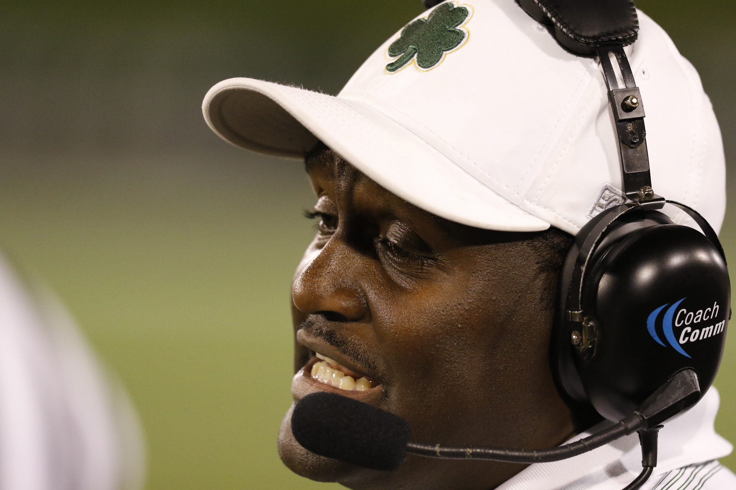 Staff Photo by Dan Henry / The Chattanooga Times Free Press- 11/6/15. Notre Dame High School's head coach Charles Fant motivates his players during the first half of play against Sequatchie County at Finley Stadium in downtown Chattanooga on Friday.