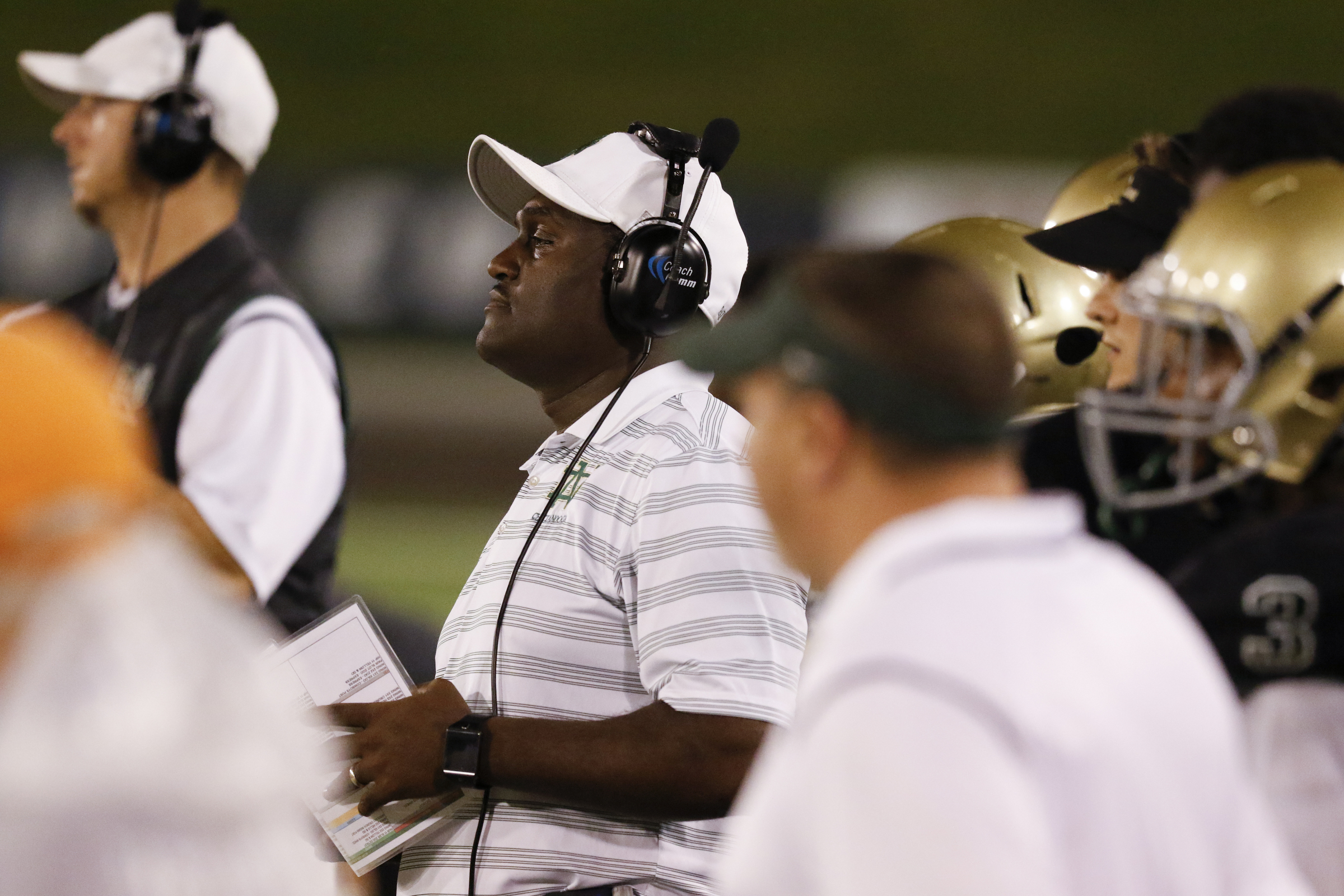 Staff Photo by Dan Henry / The Chattanooga Times Free Press- 11/6/15. Notre Dame High School's head coach Charles Fant motivates his players during the first half of play against Sequatchie County at Finley Stadium in downtown Chattanooga on Friday.