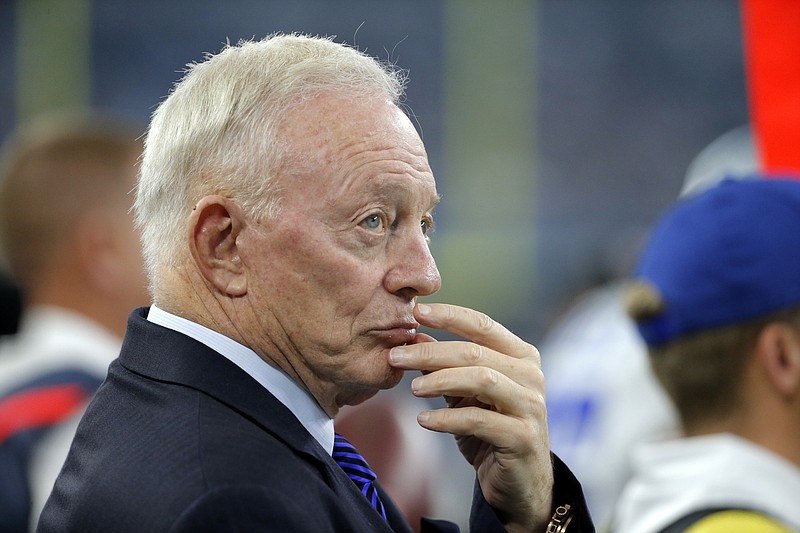 
              Dallas Cowboys owner Jerry Jones stands on the sideline during the first half of an NFL football game against the Seattle Seahawks Sunday, Nov. 1, 2015, in Arlington, Texas. Jones participated in a Cowboys Ring of Honor ceremony where former player Darren Woodson was inducted. (AP Photo/Brandon Wade)
            