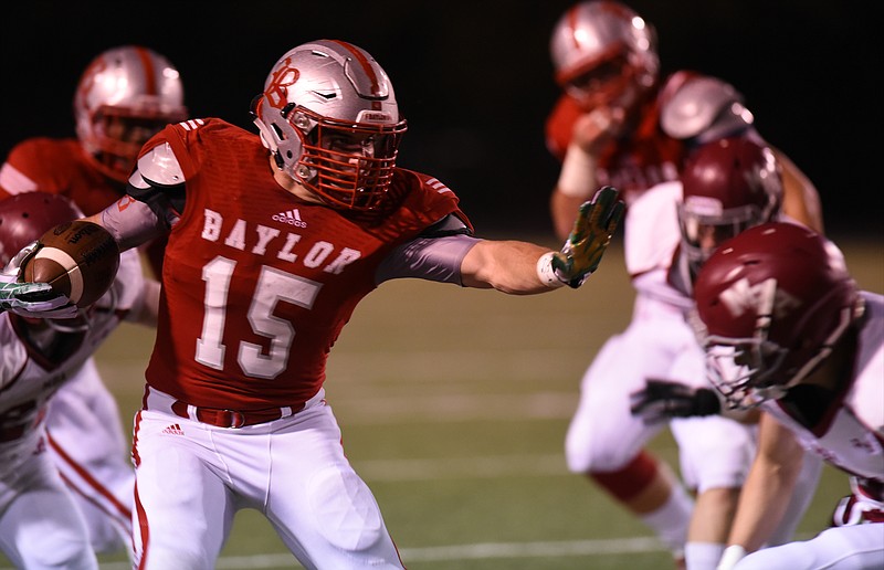 Baylor's Ryan Parker gains yards against MBA Friday, October 23, 2015 at Baylor. 