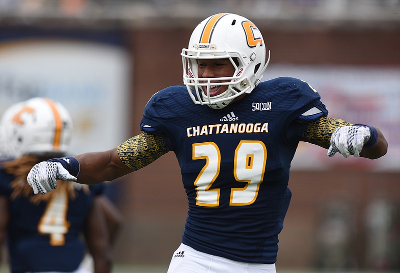 UTC's Lucas Webb celebrates after returning an interception for a touchdown in the Mocs' home win over Furman last month. The Mocs host The Citadel this week, with the winner earning the Southern Conference title and an automatic berth in the FCS playoffs.